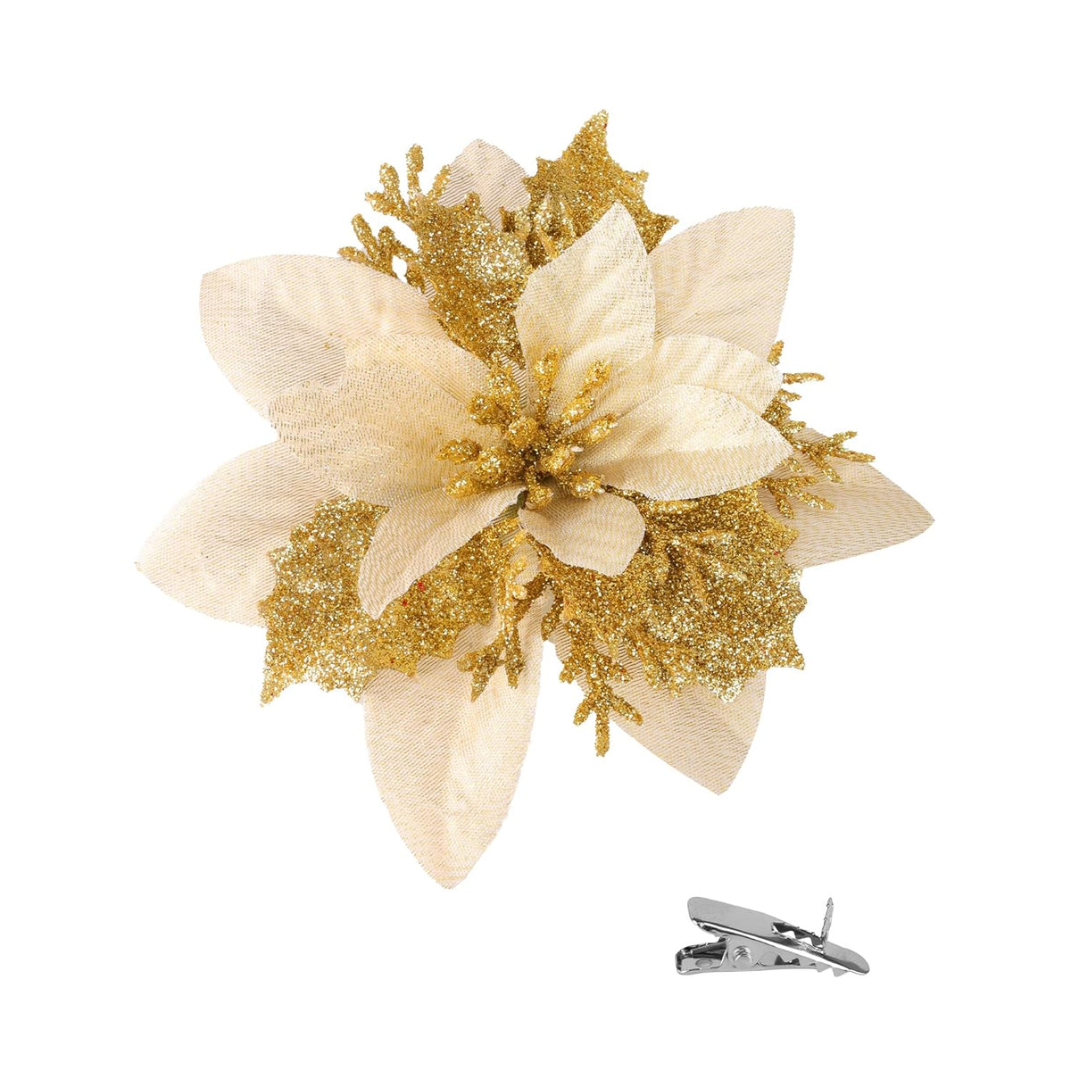20 Pieces Poinsettia Flower Artificial Christmas Tree Decorations Wedding Flowers Glitter Xmas Tree Ornaments With Clips, 6-Inch Decor Wreath Garland Holiday Home Party Decor(Gold)