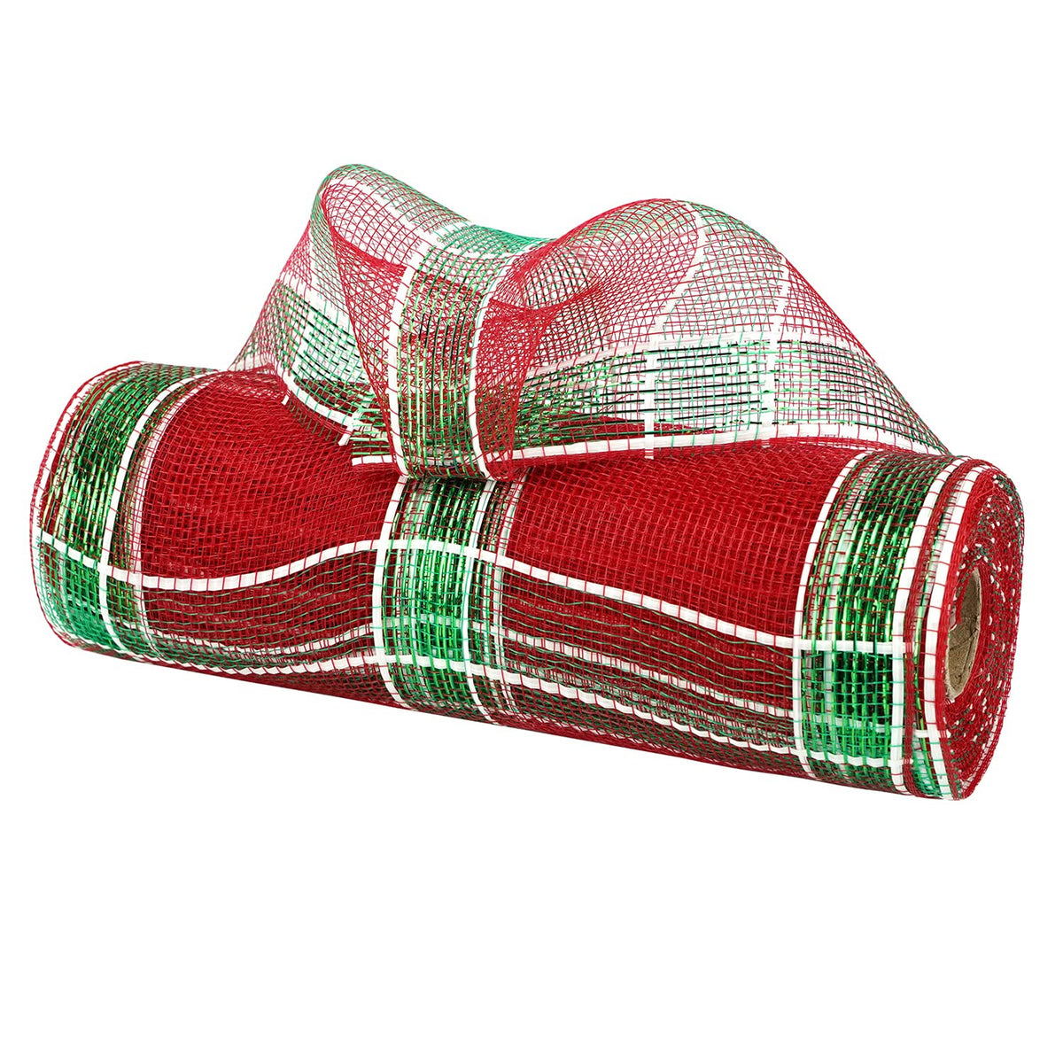 10 Inch Wide Red Green And White Deco Mesh Metallic Plaid Deco Mesh Ribbon For Christmas Tree, Garland, Staircase, Mailbox, Centerpiece, Wreaths, Decorating And Crafts (30 Feet)