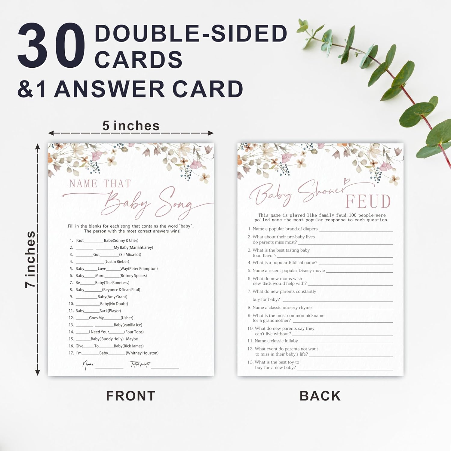 Boho Flowers Baby Shower Game Activities, Name That Baby Song & Baby Shower Feud Theme Game Cards, 30 Floral Game Cards & 1 Answer Card, Decorations & Supplies For Baby Shower Party?5X7 Inches? - C05