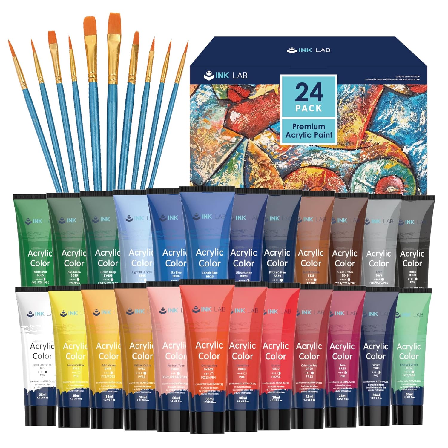 Acrylic Paint Set 24 Colors Craft Paints In Tubes With 10 Art Brushes Rich Pigment For Artists Beginners Kids Painting On Canvas Wood Fabric Crafts, 36Ml/Tube