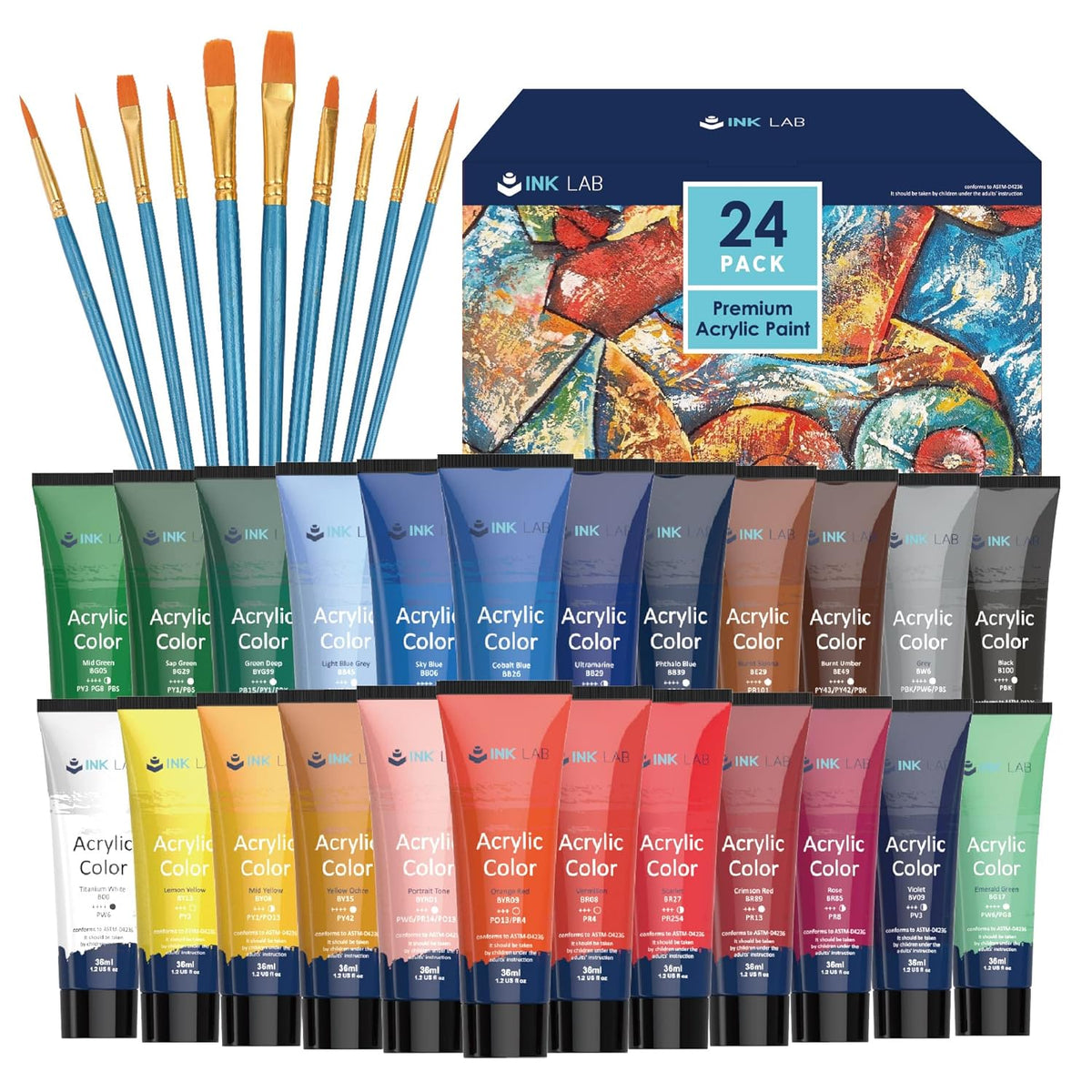 Acrylic Paint Set 24 Colors Craft Paints In Tubes With 10 Art Brushes Rich Pigment For Artists Beginners Kids Painting On Canvas Wood Fabric Crafts, 36Ml/Tube