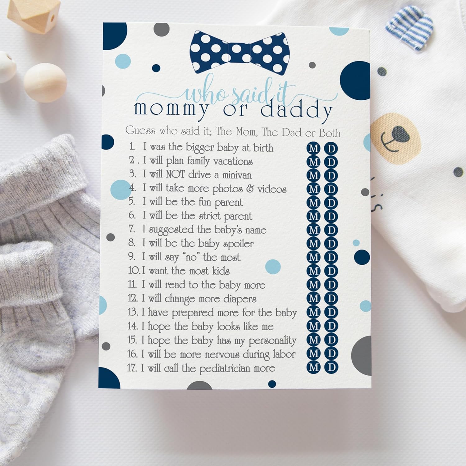 Blue Baby Shower Games For Boys - 25 Guess Who Mommy Or Daddy Game Cards - Fun Prize Guessing Activities For Guests - Navy And Grey Little Man Bowtie Theme