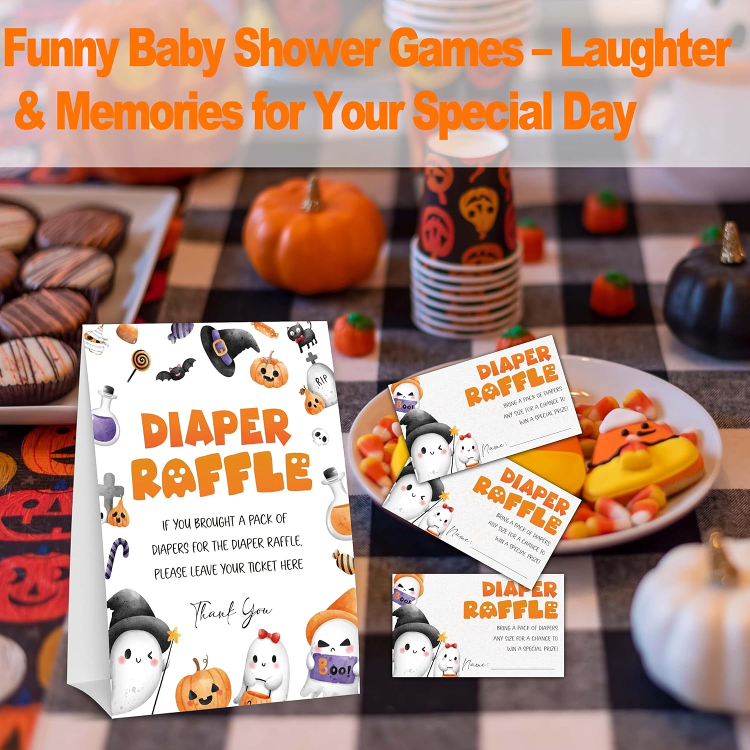 Halloween Baby Shower Games, Spooky Diaper Raffle Tickets For Pumpkin Gender Reveal Party Supplies Decorations, 1 Standing Sign + 50 Ticket - A04