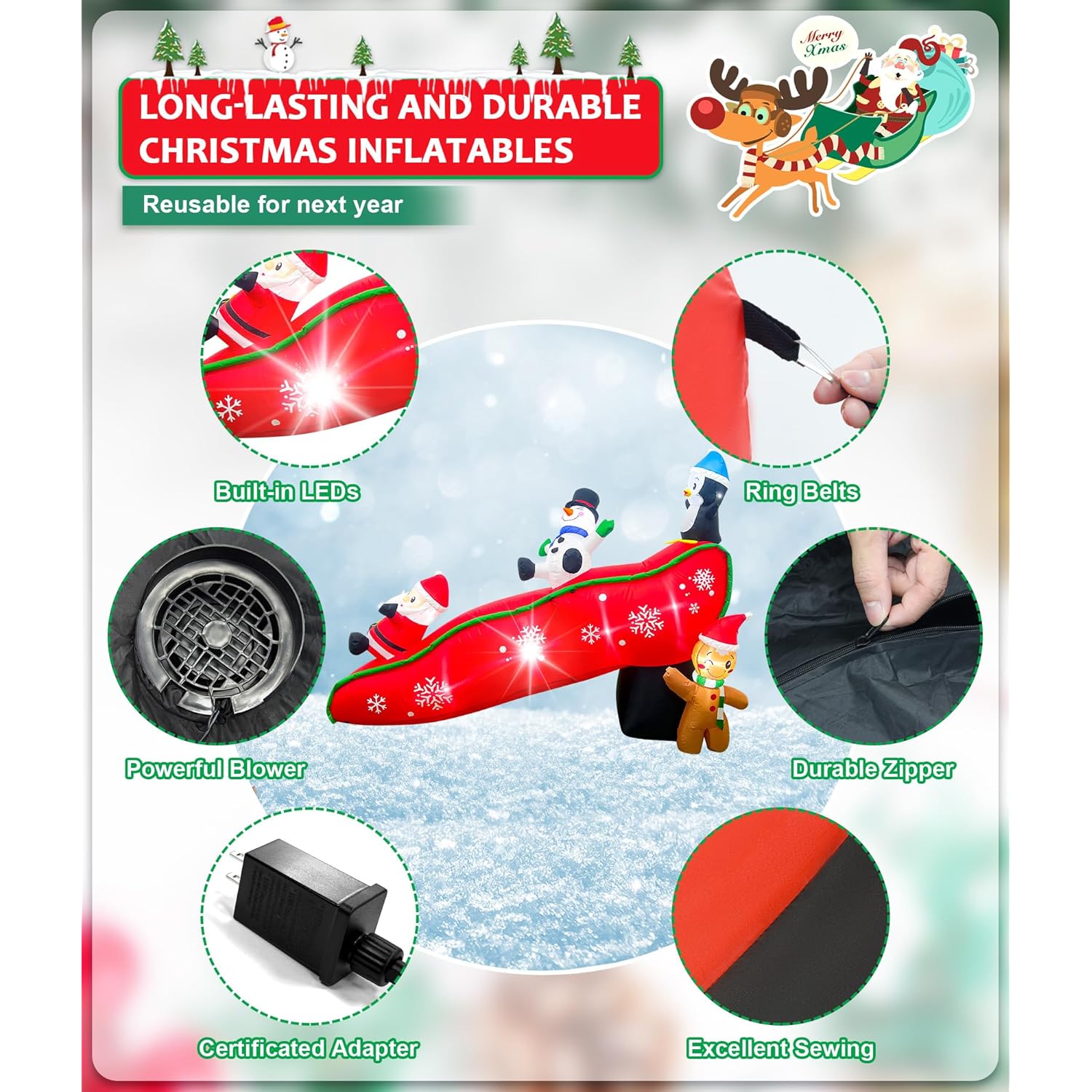 7Ft Christmas Inflatables Outdoor Decorations, Cute & Funny Inflatatable Christmas Fun Slide Party Blow Ups Yard Decorat