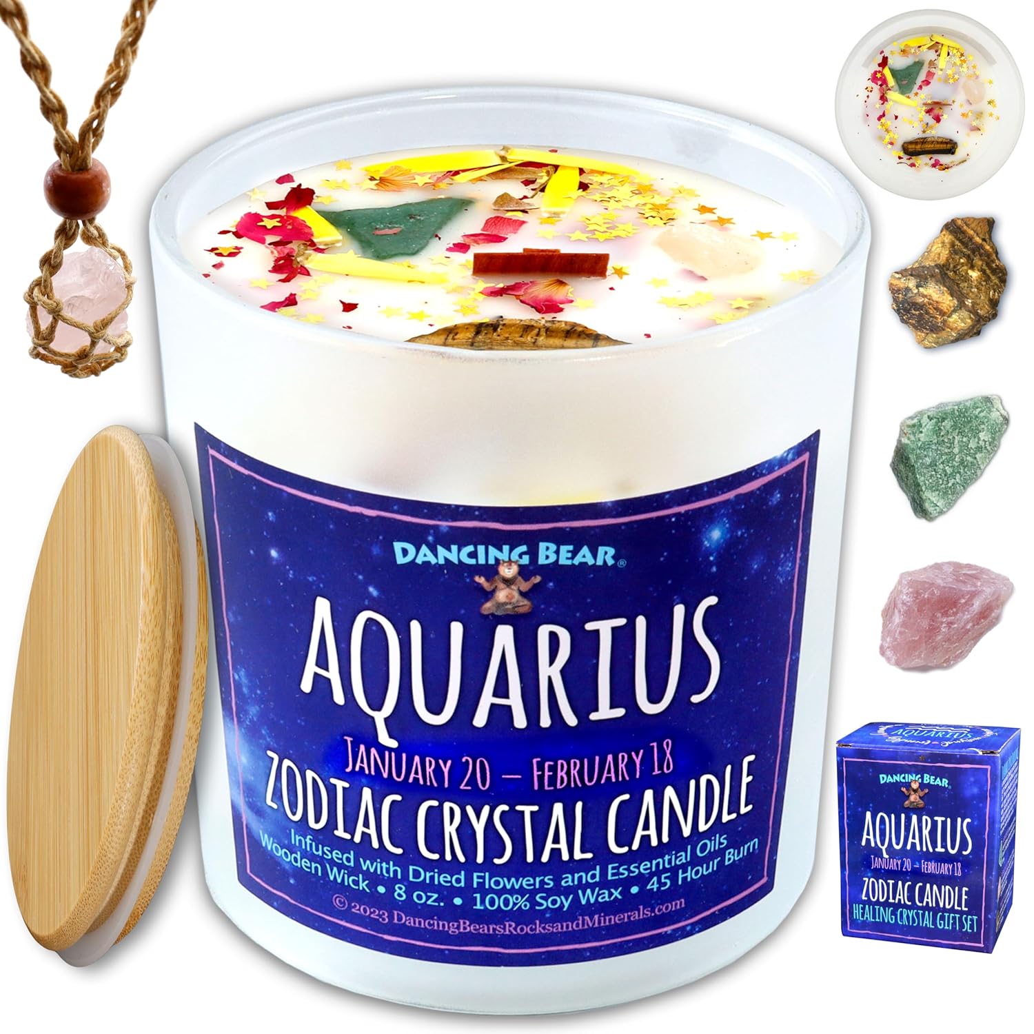 Aquarius Zodiac Candle Gift Box Set With 3 Healing Crystals & Stone Holder Necklace, 100% Soy Scented Wax, Crackling Wood Wick, 45 Hour Burn Time