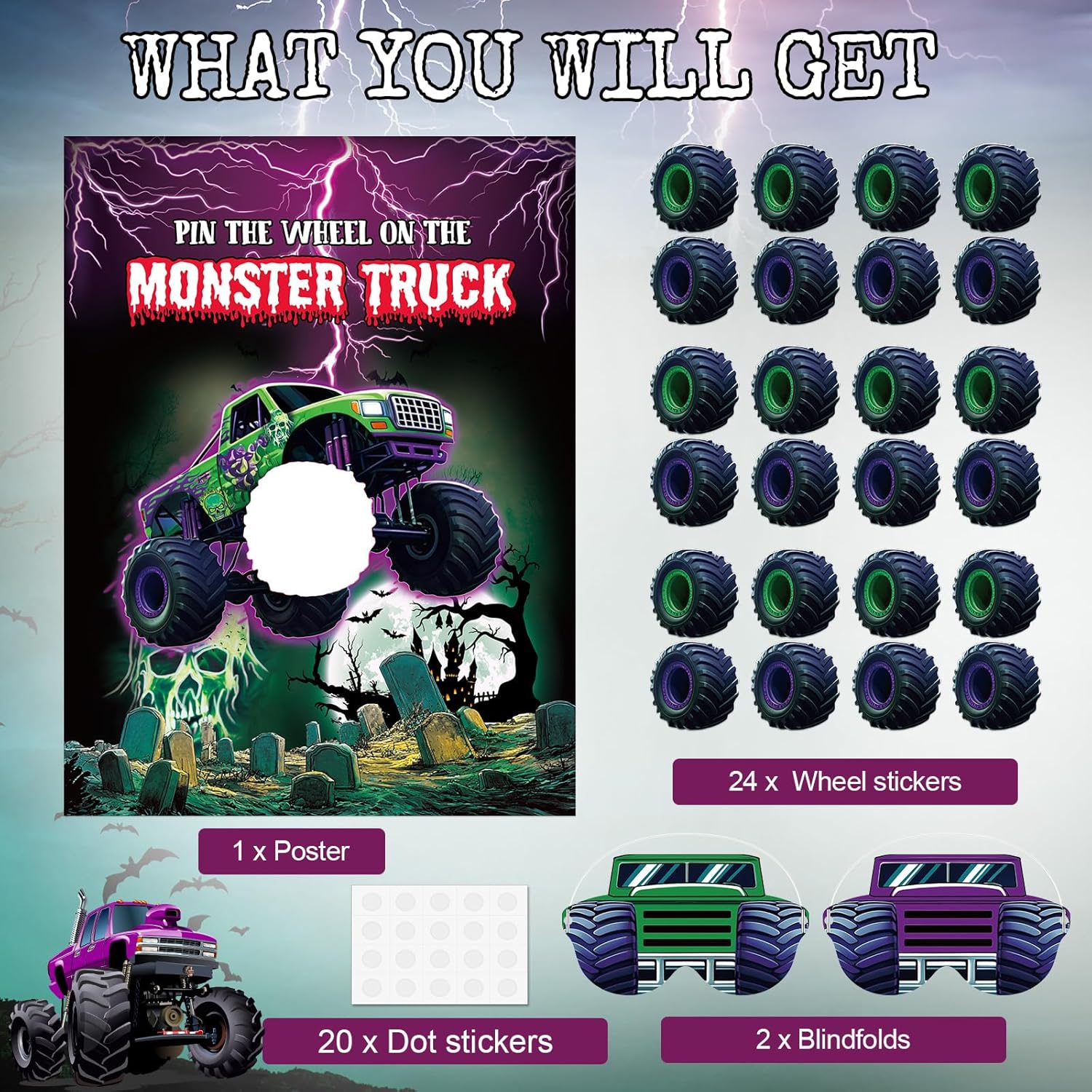 Monster Truck Birthday Games Pin The Wheel On The Monster Truck Green And Purple Trucks Poster With Stickers Blindfolds For Birthday Decorations Cars Party Games Activities Supplies