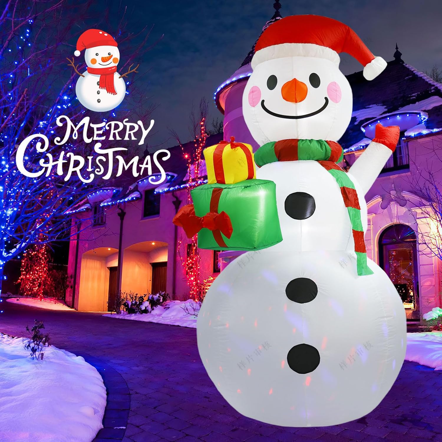 8Ft Christmas Inflatable Snowman Decoration, Led-Lighted Blow-Up Snowman With Gift Boxes, Suitable For Indoor & Outdoor