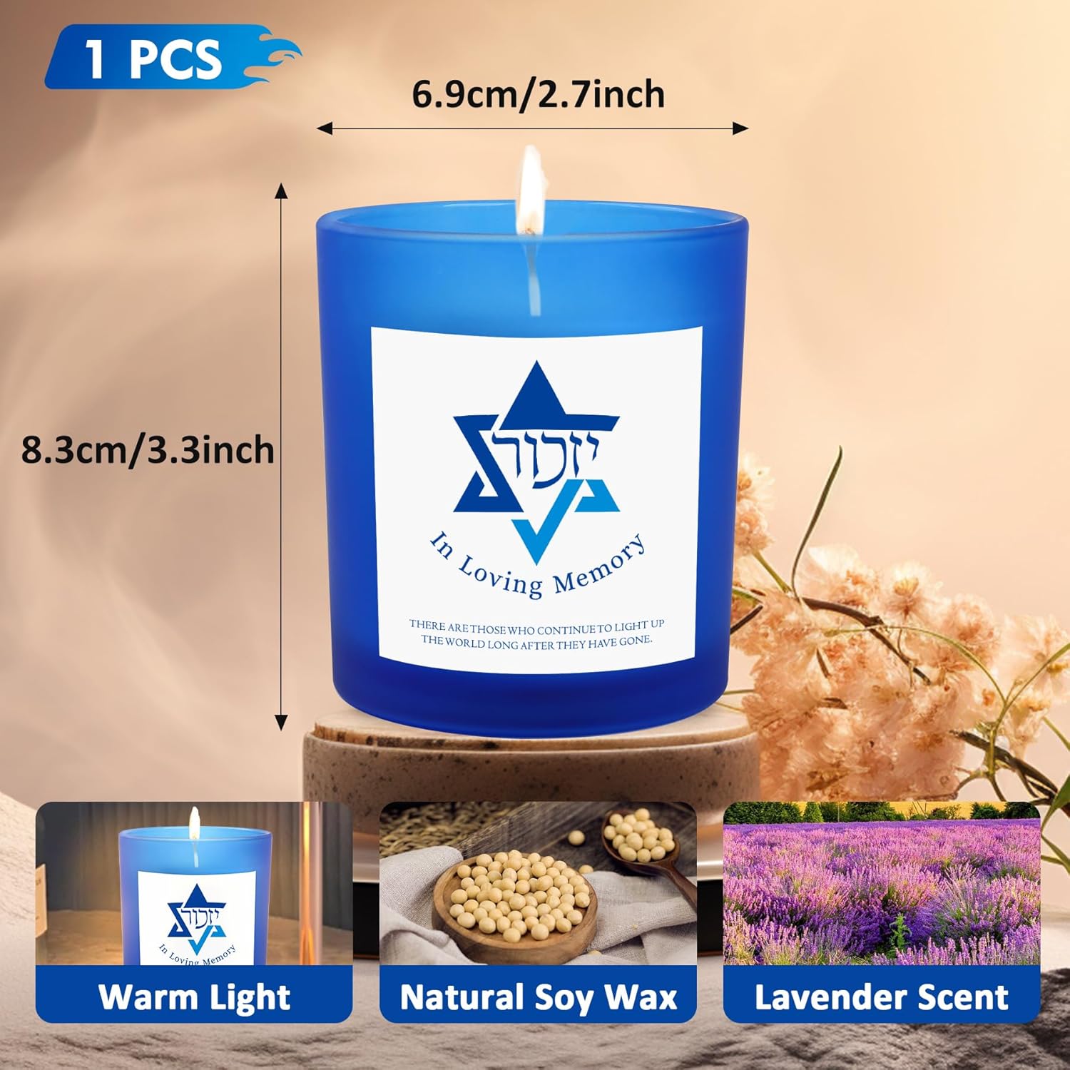 Yahrzeit Candles - Yahrzeit Memorial Candles, Memorial Bereavement Gifts For Loss Of Loved One, Jewish Sympathy, Natural Soy Wax Hand Poured 7Oz (Blue)