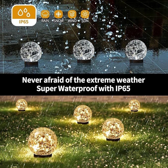 Solar Globe Lights Outdoor Waterproof Cracked Glass Ball Garden Orbs Patio Yard Decor