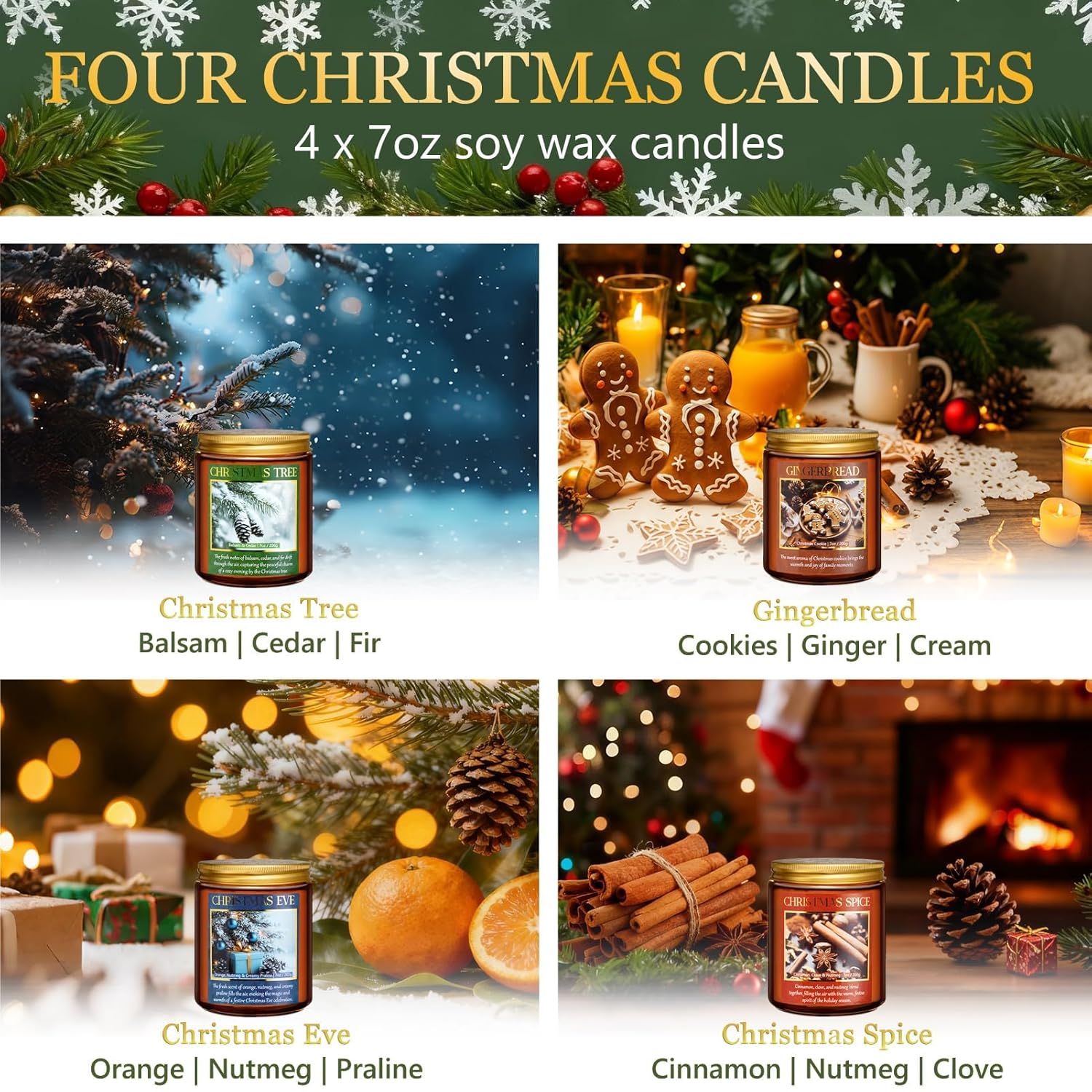 Christmas Candles Set, 4 Pack Xmas Scented Candles For Women, Winter Soy Candle For Home Scented Holiday Candle Gift Set, Christmas Gifts For Women Men Best Friends- Christmas Tree/Spice/Eve/Cookie