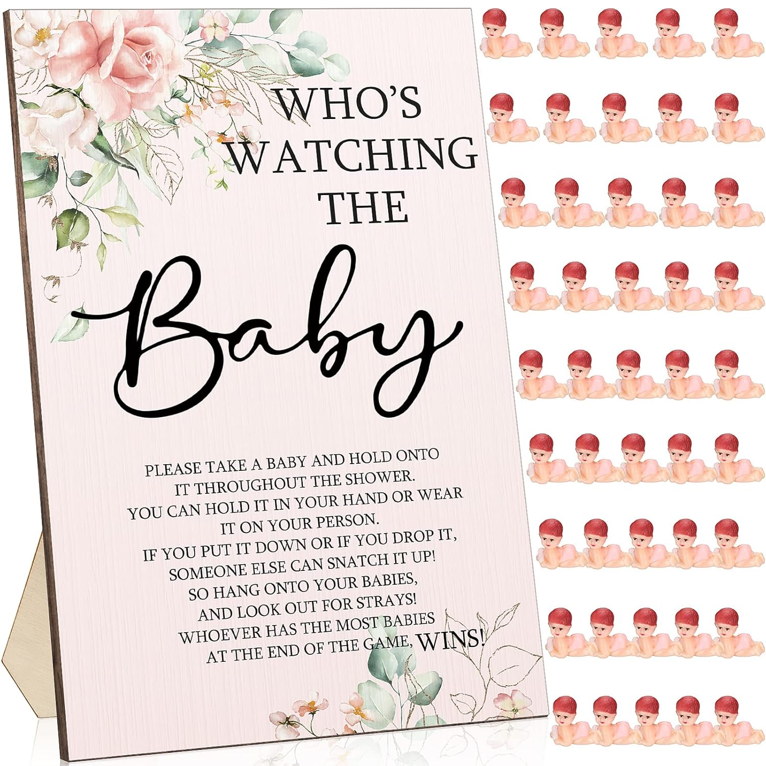 51 Pcs Cool Baby Shower Games Flower Funny Who'S Watching The Baby Sign Wooden Game Sign Baby Gift Sets 50 Pcs Tiny Plastic Babies Small Mini Baby Baby Shower Game Prizes For Gender Reveal Party