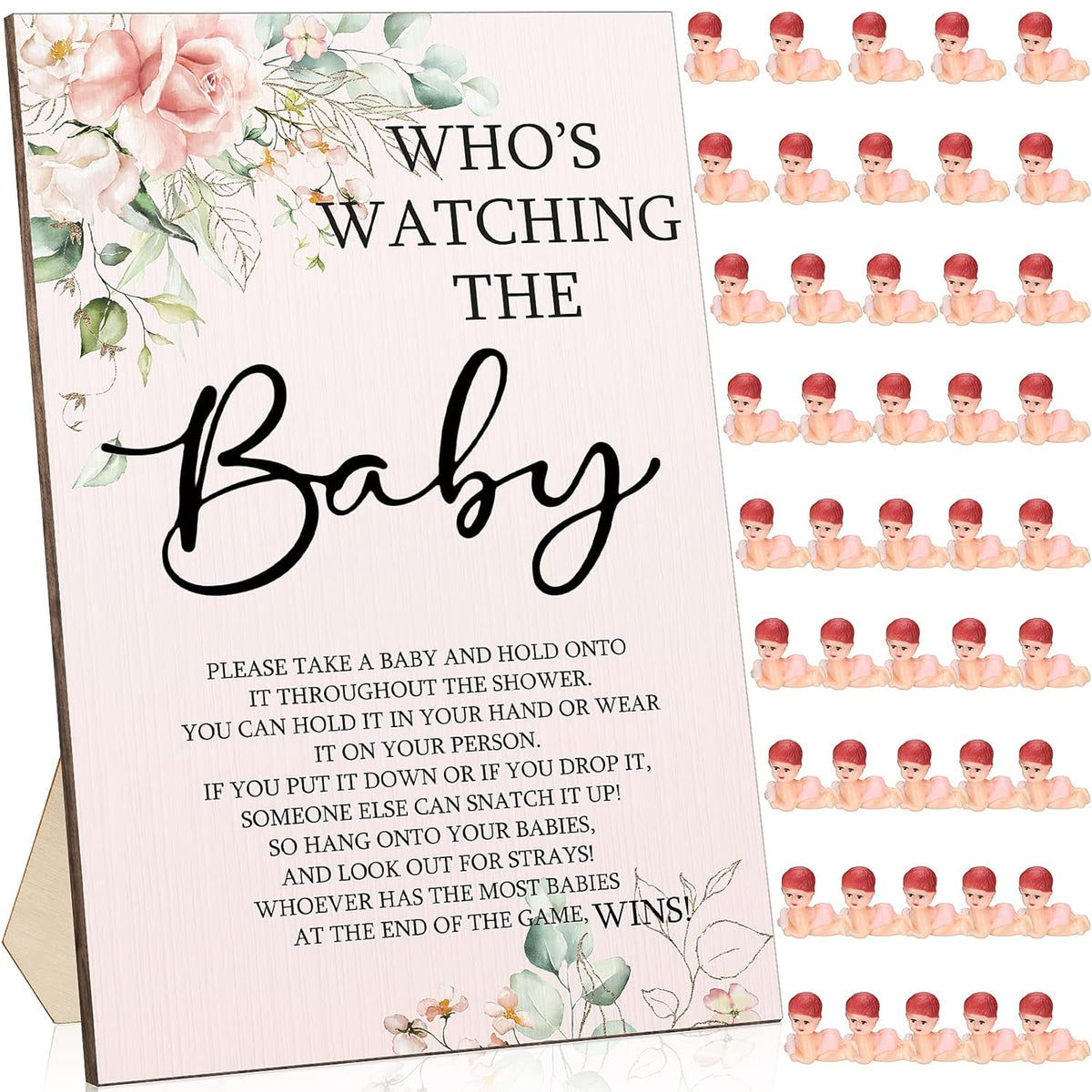 51 Pcs Cool Baby Shower Games Flower Funny Who'S Watching The Baby Sign Wooden Game Sign Baby Gift Sets 50 Pcs Tiny Plastic Babies Small Mini Baby Baby Shower Game Prizes For Gender Reveal Party