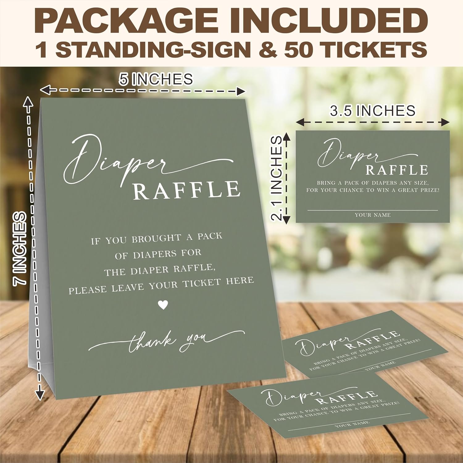 Baby Shower Diaper Raffle Game Set, Calligraphy Green Theme 1 Standing Sign & 50 Raffle Tickets, Baby Shower Game Kit, Gender Reveal Party Supplies - A15