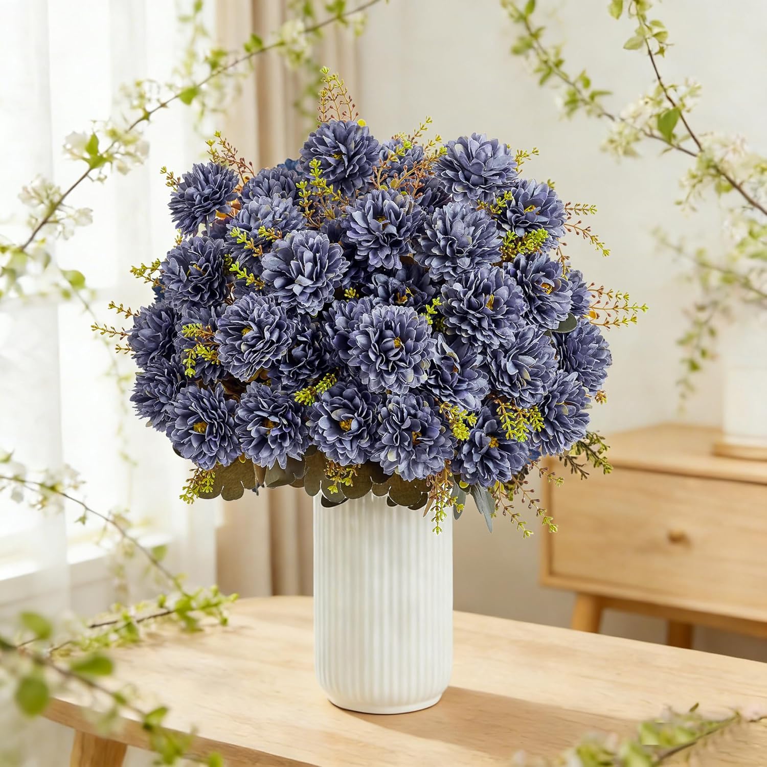18 Heads Ink Blue Artificial Chrysanthemum Flowers Fake Mums Ink Blue Kiku Gothic Flowers Bouquet Silk Chrysanthemums For Indoor Outdoor Table Centerpiece Vase Pots Decoration, 2 Pcs