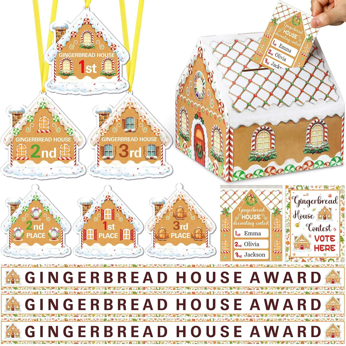 71 Pcs Christmas Gingerbread House Competition Kit Gingerbread Party Game Decor Contest Ballot Box Voting Cards Table Sign Award Sashess Prize Badges Medal Award For Party Trophy Supplies