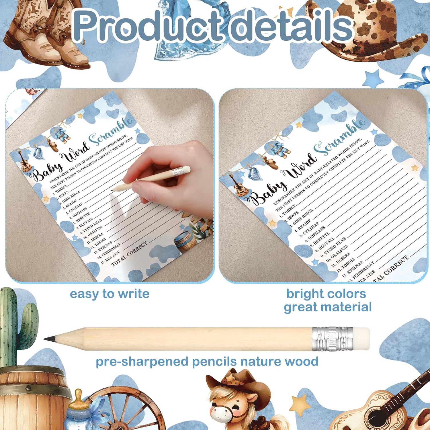 145 Pcs Cowboy Baby Shower Games Supplies 5 Sets Baby Shower Games Activities Cards With 20 Pcs Funny Pencils Include Descriptions And Wishes, Guess Who, Bingo Play, Word Search