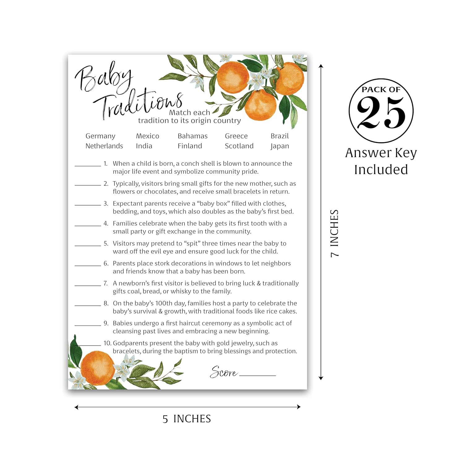 A Little Cutie Theme Baby Shower Games — Baby Traditions Around The World Game — Pack Of 25 — Citrus Orange, Fun Baby Facts Trivia Shower Activity, Gender Neutral Couples Shower Co-Ed Shower G350-Btw