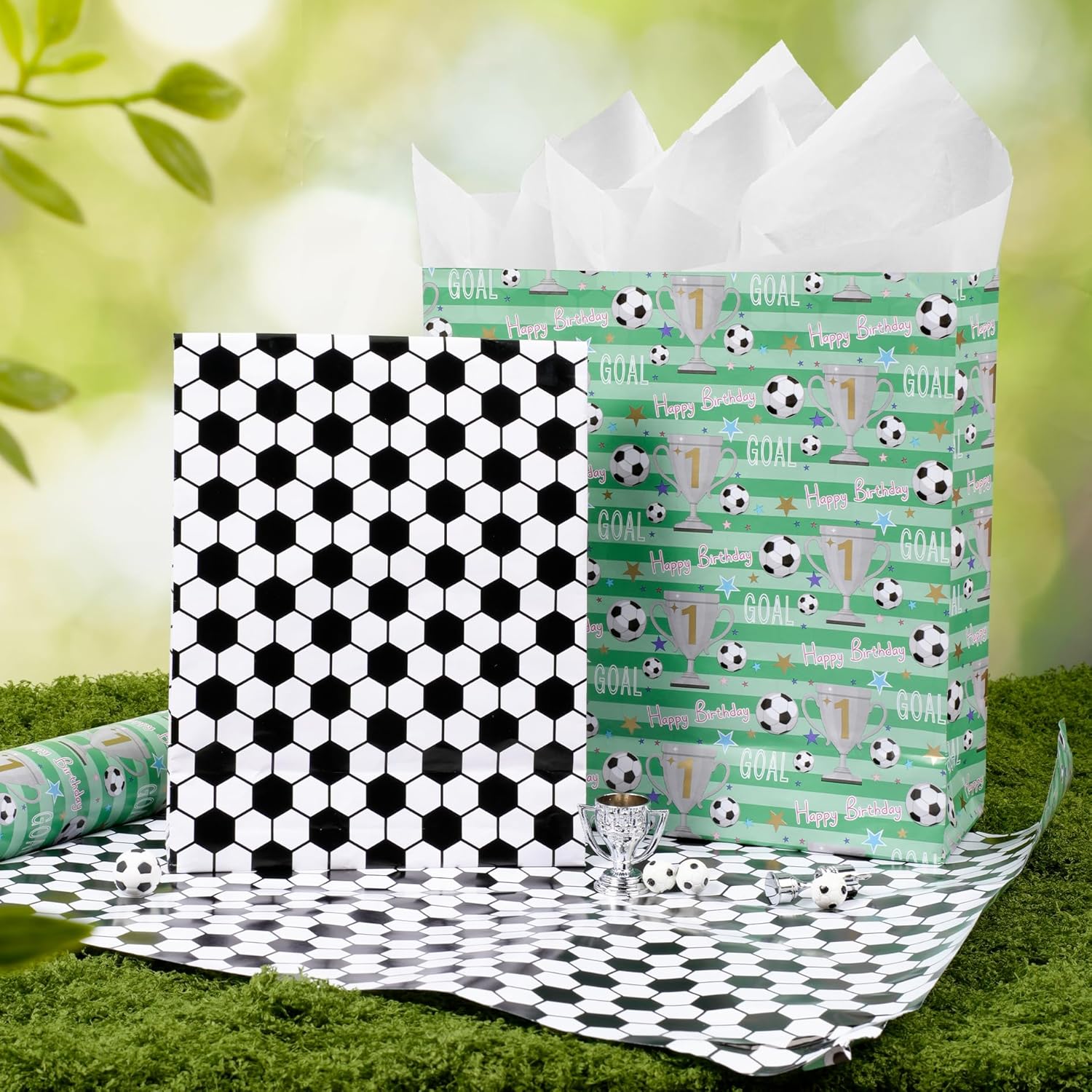 Reversible Soccer Wrapping Paper For Kids Boys - 17 Inch X 33 Ft - Goal & Trophies Design Sports Gift Wrap Paper For Teens Birthday Party Holiday Soccer Fans