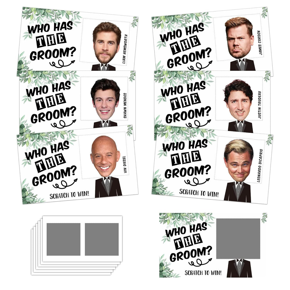 Bridal Shower Games - Who Has The Groom Scratch Off Cards - Rustic Greenery Scratch Off Cards & Stickers - Bachelorette Party Game - Girls Night Out Activity - Bride Shower Supplies Decorations - 36 Pcs(D02)