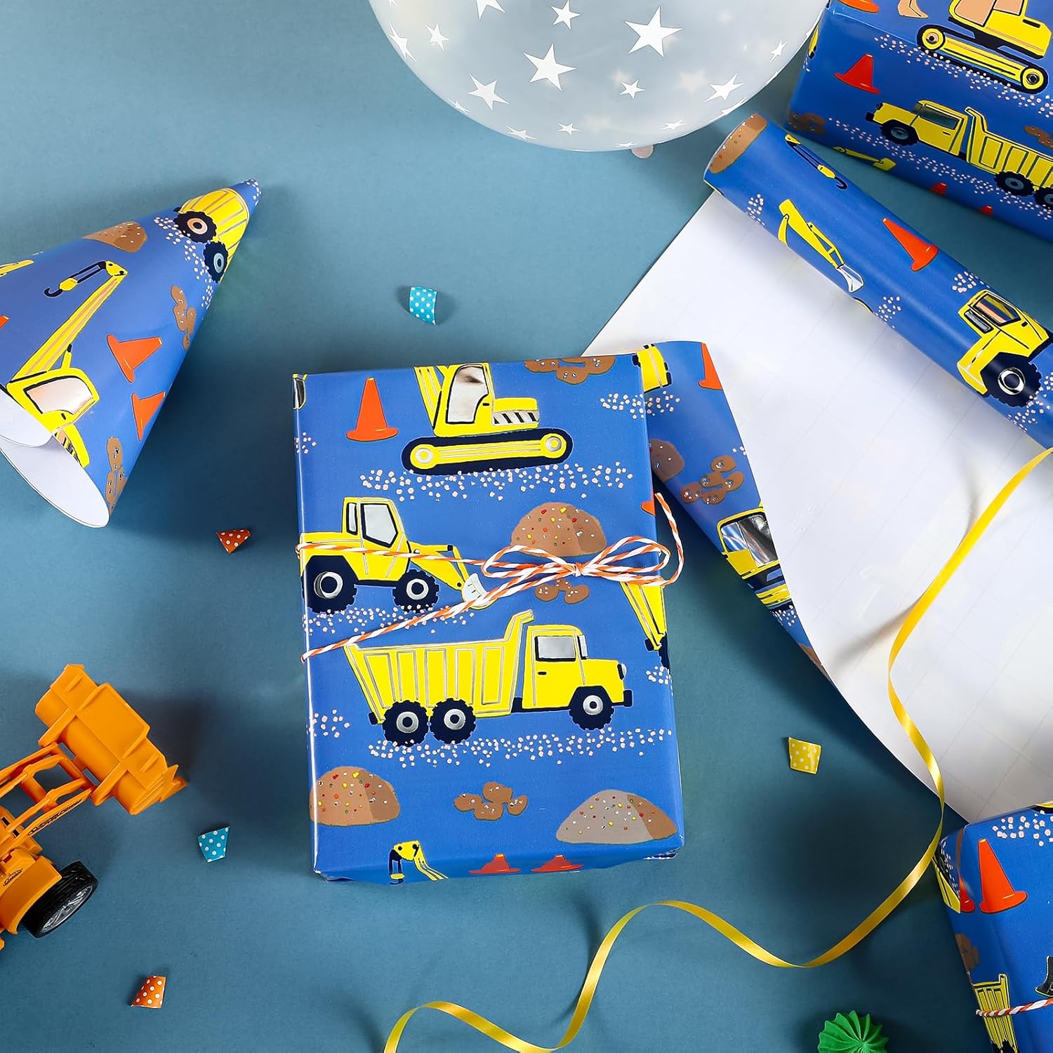 Construction Wrapping Paper Roll - Mini Roll - 17 Inch X 16.5 Feet - Silver Foil Digger Tractor Truck Design Perfect For Kids Boys Birthday, Baby Shower