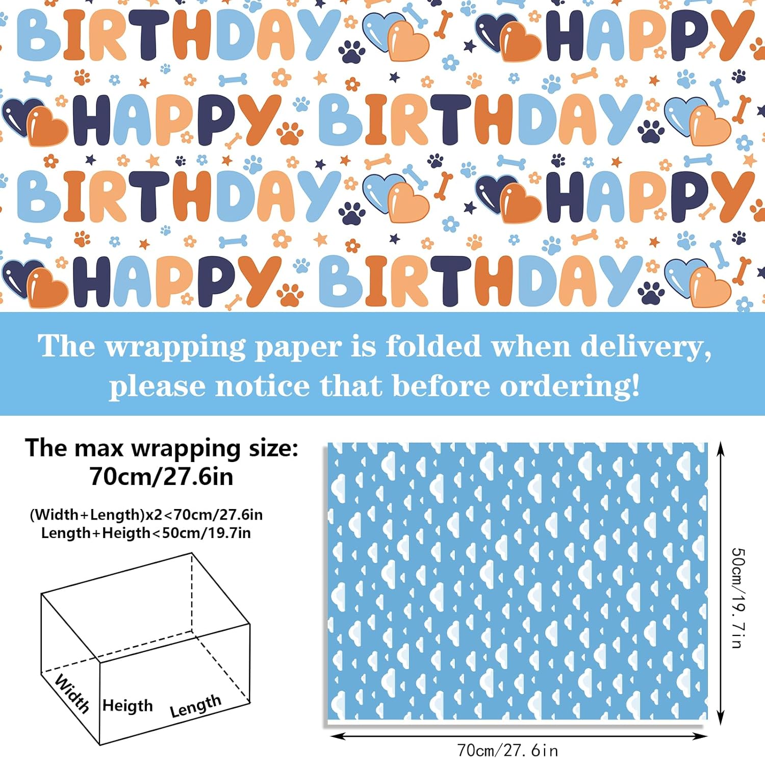Reversible Happy Birthday Wrapping Paper - 8 Sheets | Blue & Orange Dog Paw Design + Sky-White Clouds Pattern Gift Wrap Paper For Kids’ Birthdays, Baby Showers & Holiday Greetings 19.7" X 27.6"