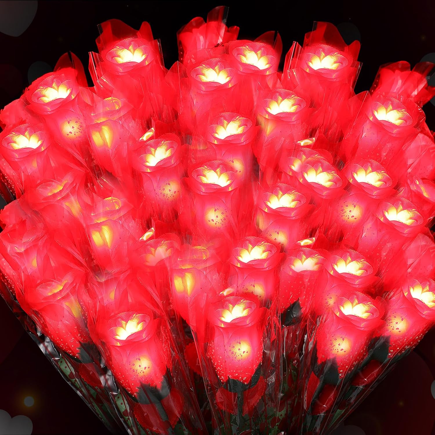 24 Pcs Rose Flower Lights Red Artificial Valentine'S Day Glowing Light Up Rose Single Stem Realistic Faux Silk Flower Bouquet For Valentine Wedding Birthday Bridal Shower Decor