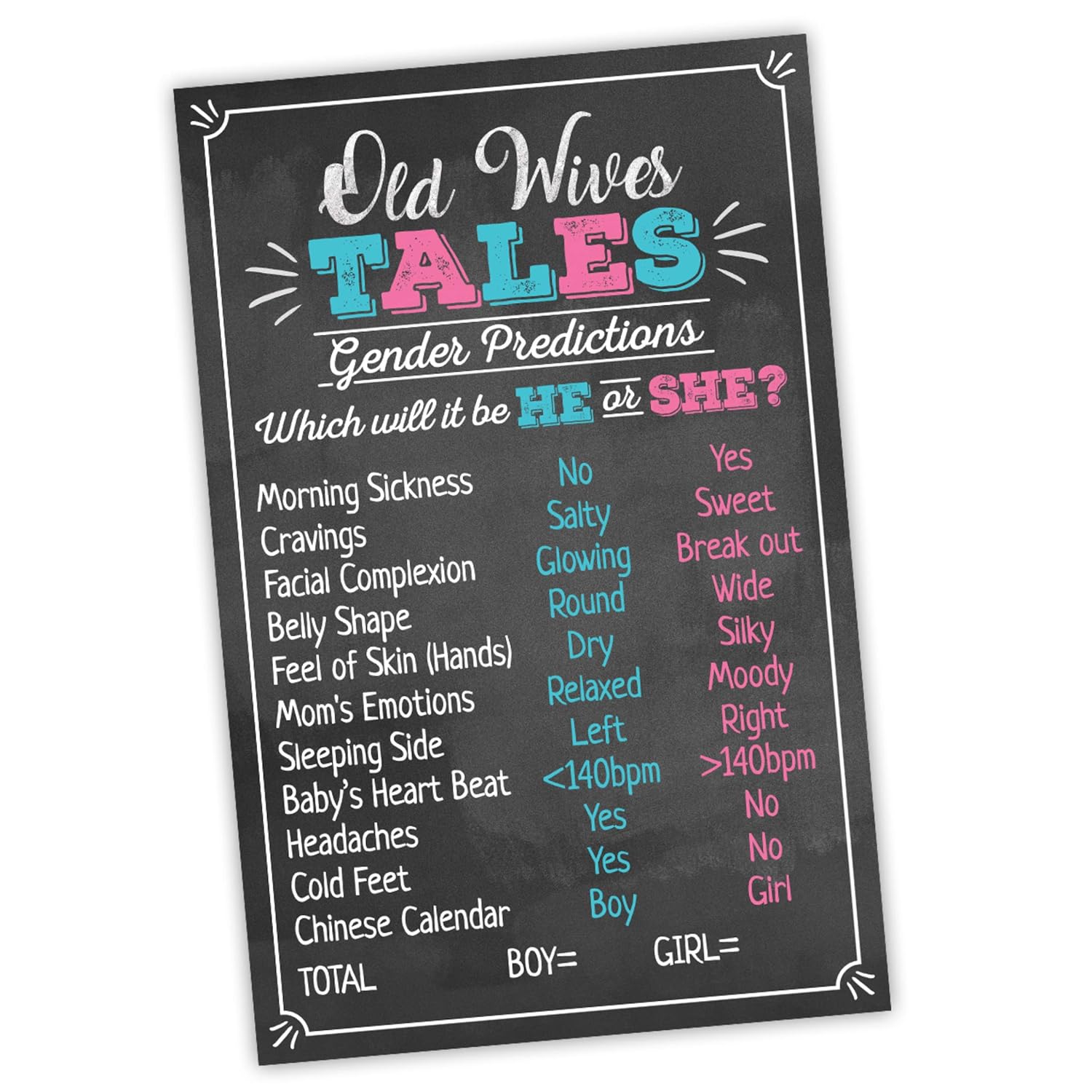 Old Wives Tales Gender Reveal Party Game Poster 11" X 17" Black, Pink & Blue- Boy Or Girl Party Supplies, Activity, Decorations