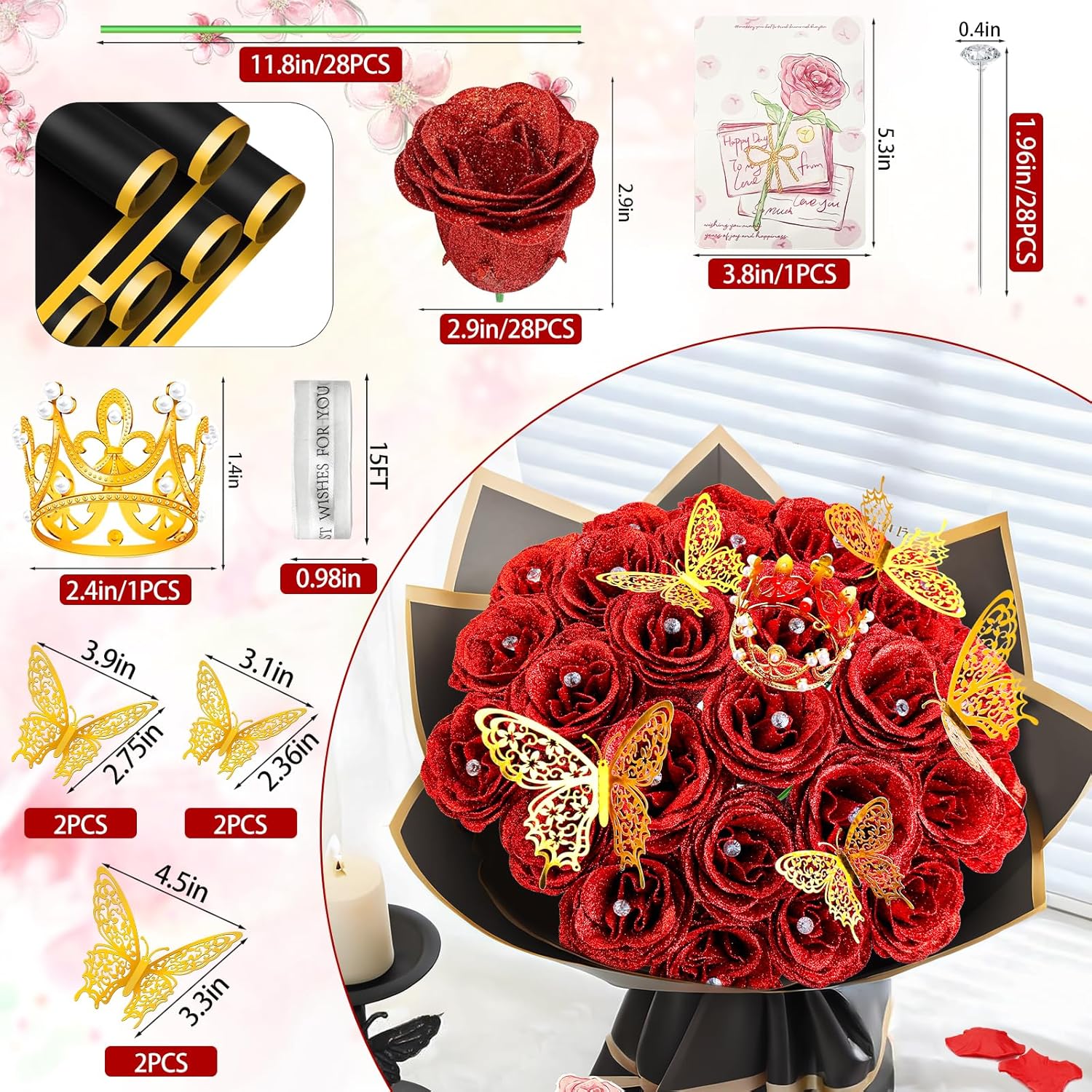 28 Red Glitter Roses Bouquet - Artificial Flowers Bouquet With Diomand Pins,Red Roses Diy Fake Flower Bouquet Kit - Sparkling Flower Arrangement For Valentine’S Day,Anniversary,Weddings Engagement