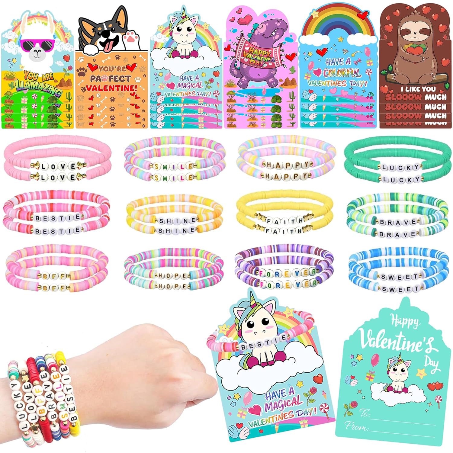 24 Pack Valentines Bracelets & Cards Set, Friendship Bracelets Valentines Day Cards For Kids Classroom - Bead Bracelet Valentine Cards, Bulk School Exchange Gifts, Cute Animal Greeting Cards Valentines Gifts For School Boys Girls