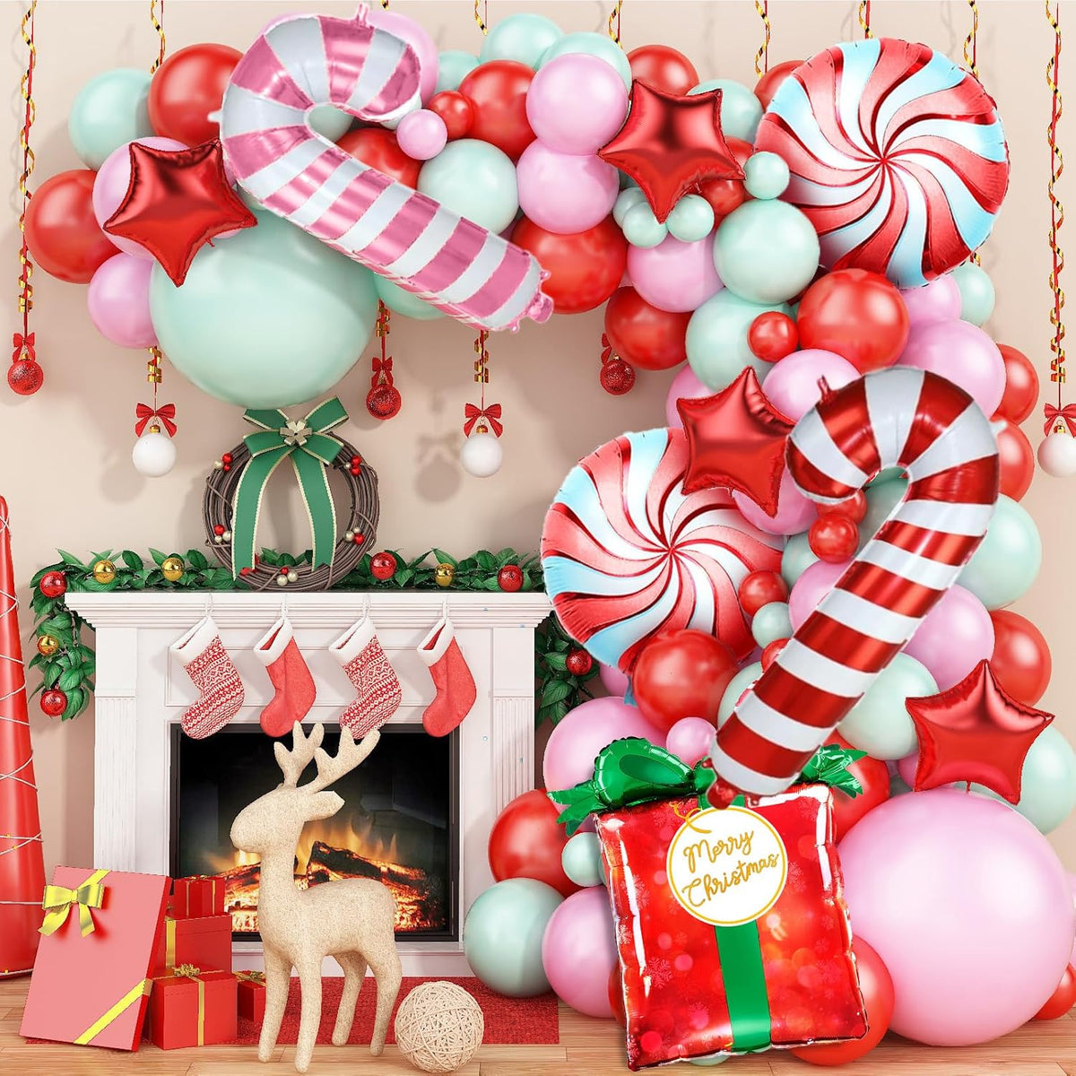 Green Pink Christmas Balloon Arch Kit,Green Pink Red Christmas Balloon Garland Arch Kit With Gift Box Balloons Candy Cane Foil Balloon For Christmas Party Decorations,Xmas Pastel Pink Green