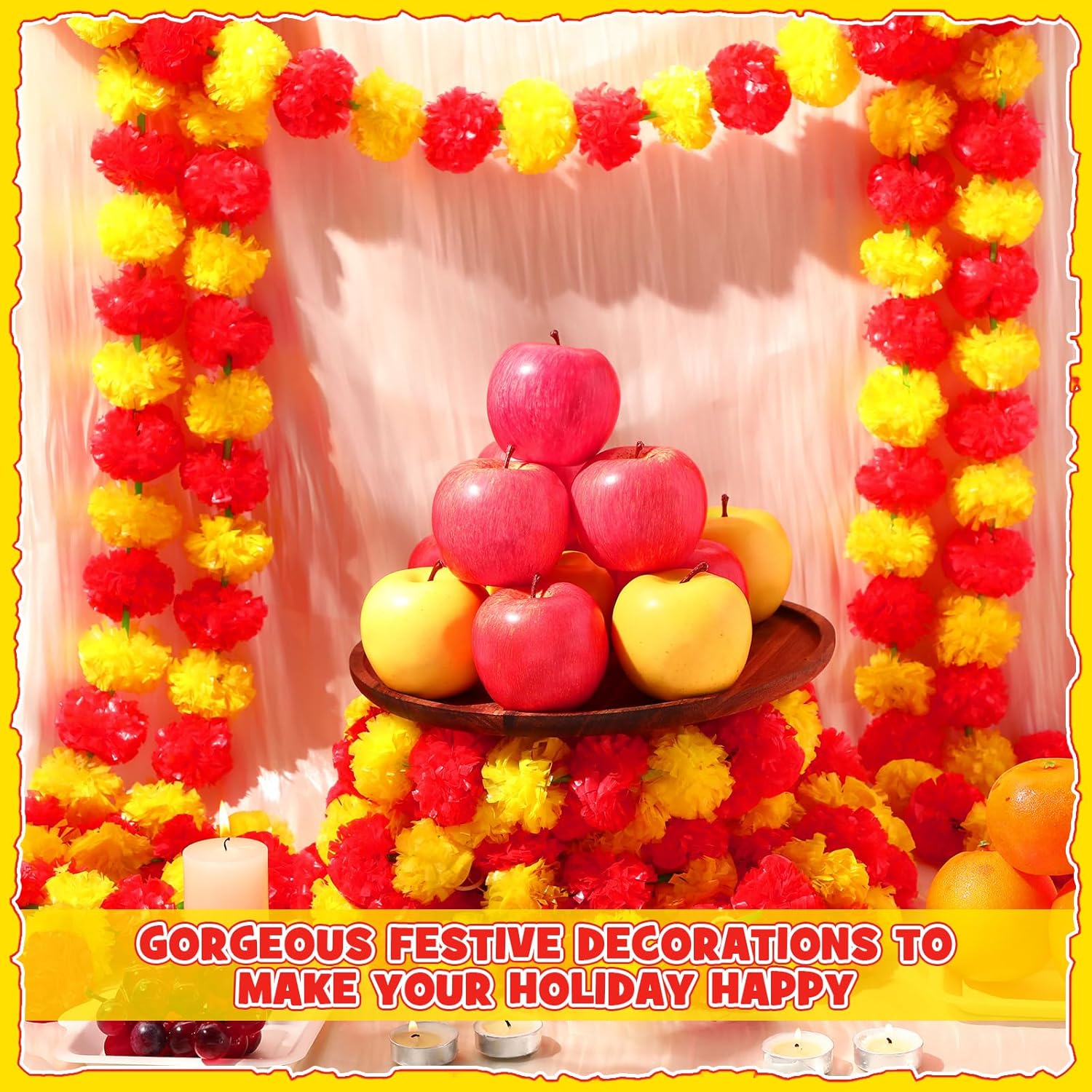 10 Pcs 5 Ft Marigold Garland Diwali Marigold Garlands Decoration Indian Flowers For Decoration Artificial Flowers For Day Of The Dead Altar Wedding Party,Red And Yellow