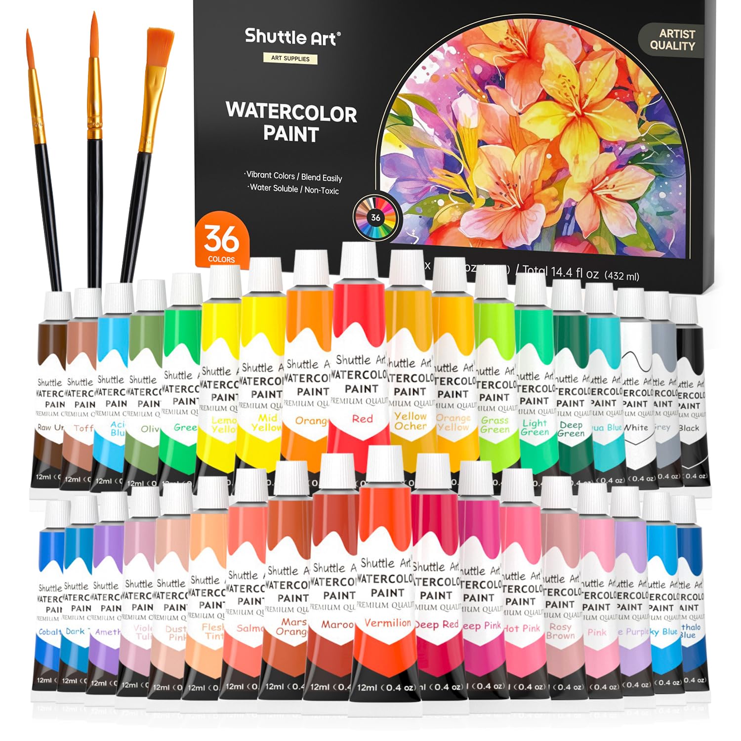 Watercolor Paint Set, 36 Colors Watercolor Paint In Tubes (12Ml Each) With 3 Brushes, Rich Pigment, Easy To Blend, Perfect For Kids, Artists, Beginners, Students