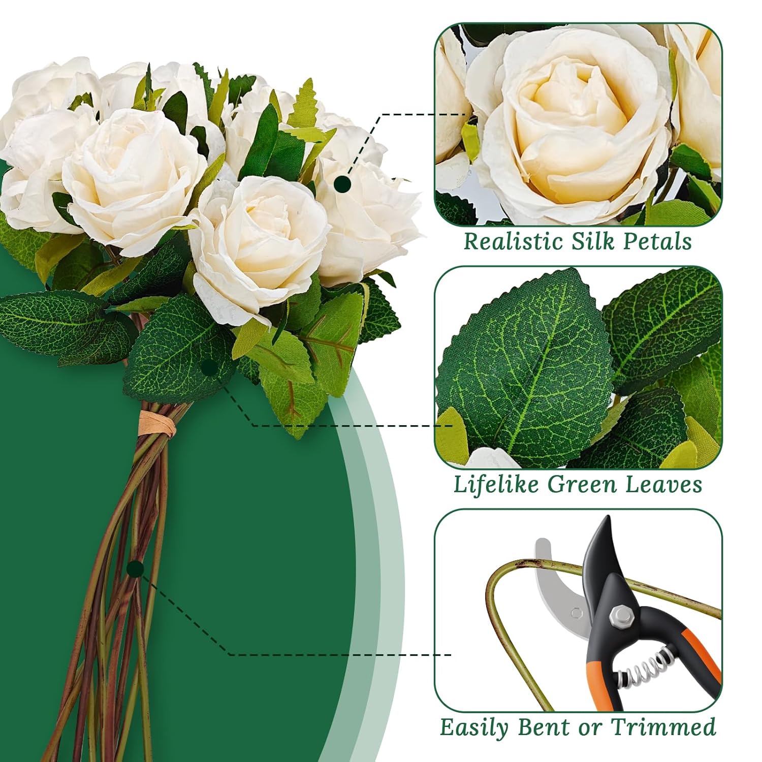 13Pcs Cream White Artificial Roses, Fake Rose Bouquet Realistic Faux Rose Flowers For Diy Wedding Table Centerpiece