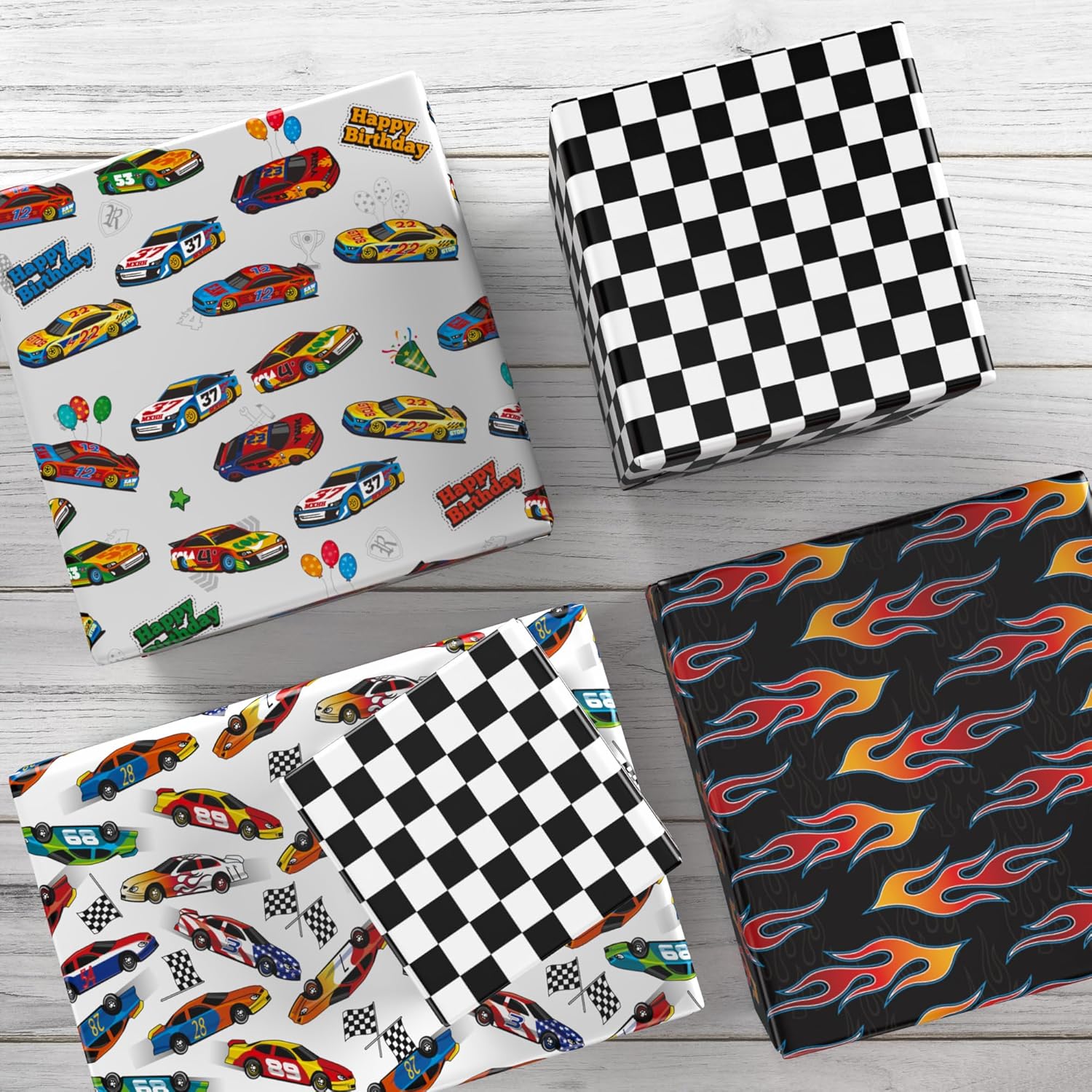 Race Car Wrapping Paper For Kids Birthday - Flames, Checkered Flags, Colorful Racing Cars And Happy Birthday Words Designs - 20 X 29 Inches, 8 Folded Sheets, Easy To Store…