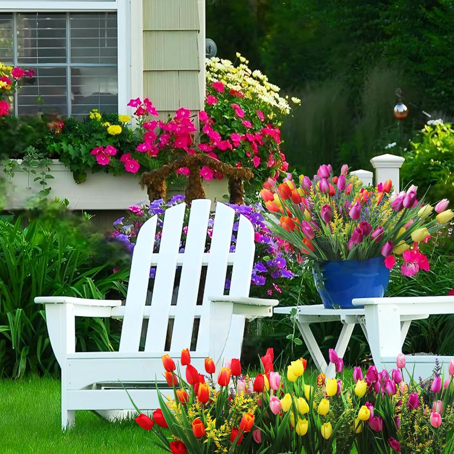 0Kiygoo 12 Outdoor Artificial Flower Pieces, Bulk Fake Plastic Plants For Porch, Window, Home & Wedding Decoration In Fall And Summer, Ideal For Hanging Planters (Tulip)
