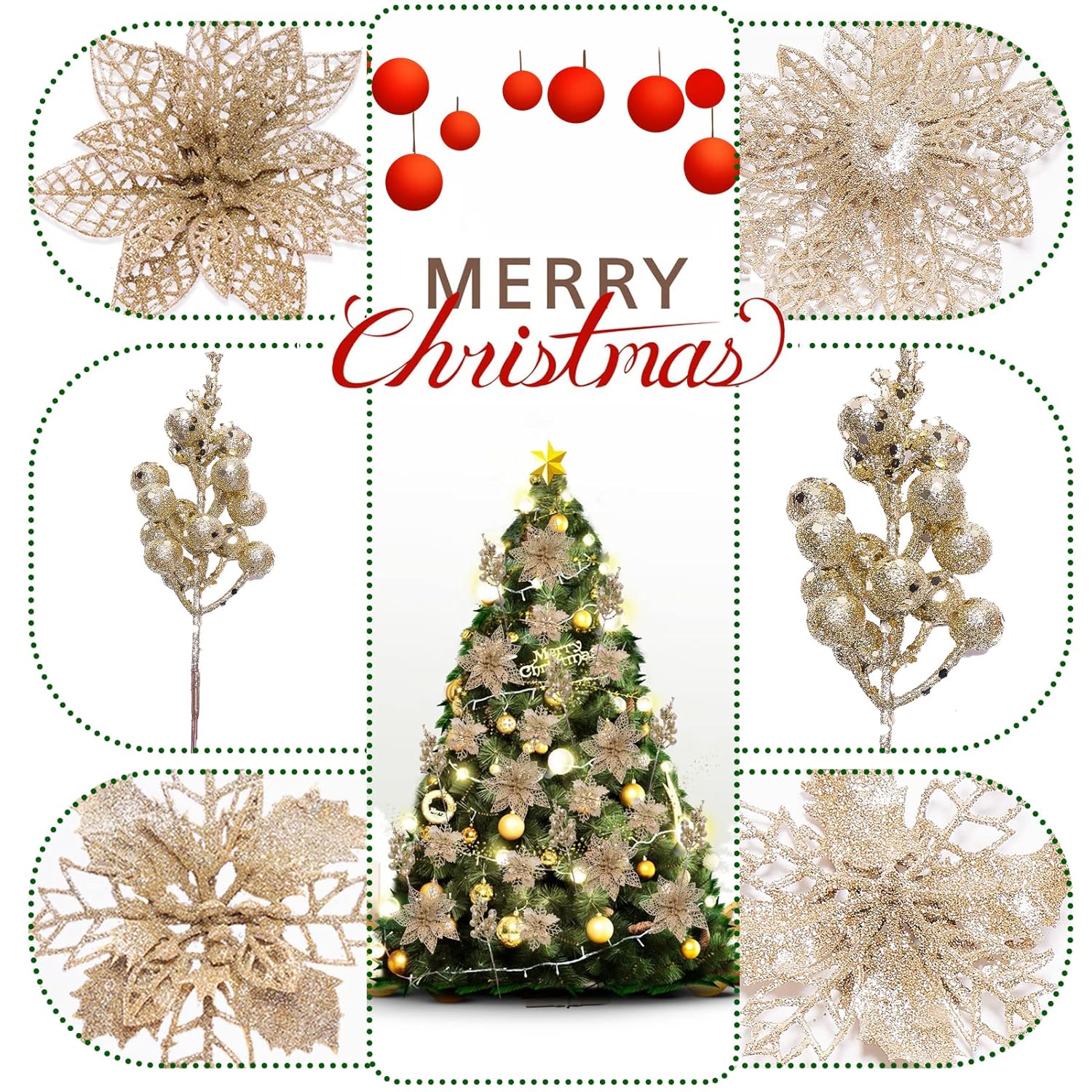 22Pcs Christmas Poinsettia Artificial Flowers And Glitter Berries Stems Kit, 16Pcs Christmas Tree Flowers Ornaments And 6 Pack Christmas Tree Picks For Wedding Holiday Decorations (Champagne)