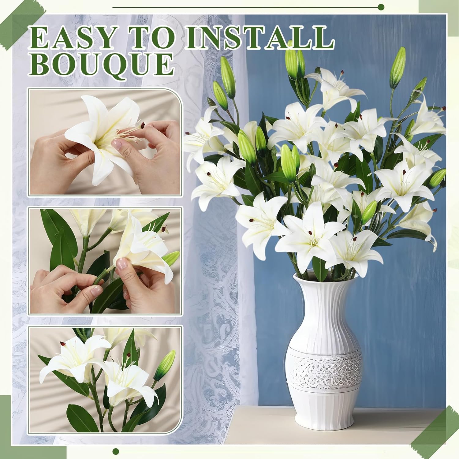 6 Pcs 18 Heads Artificial Lily Flowers 31.5'' Lily Flowers Long Stem Fake Bouquet Latex Realistic 3 Big Flower Heads And 3 Bud For Tall Vase Home Table Wedding Decoration(White)