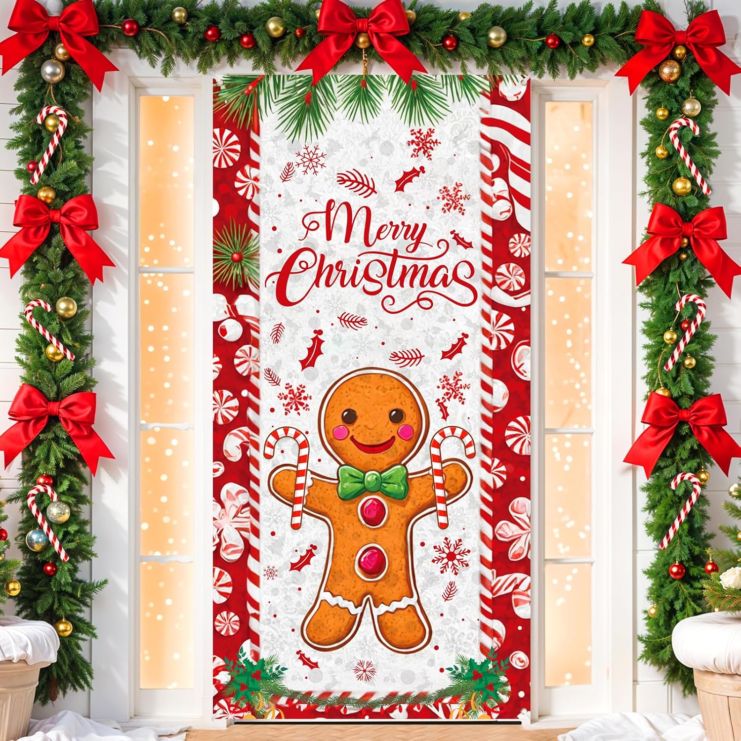 Merry Christmas Gingerbread Man Front Door Decorations Banner - Christmas Gingerbread House Peppermint Candy Cane Door Cover Banner For Xmas New Year Holiday Candy Party Supplies