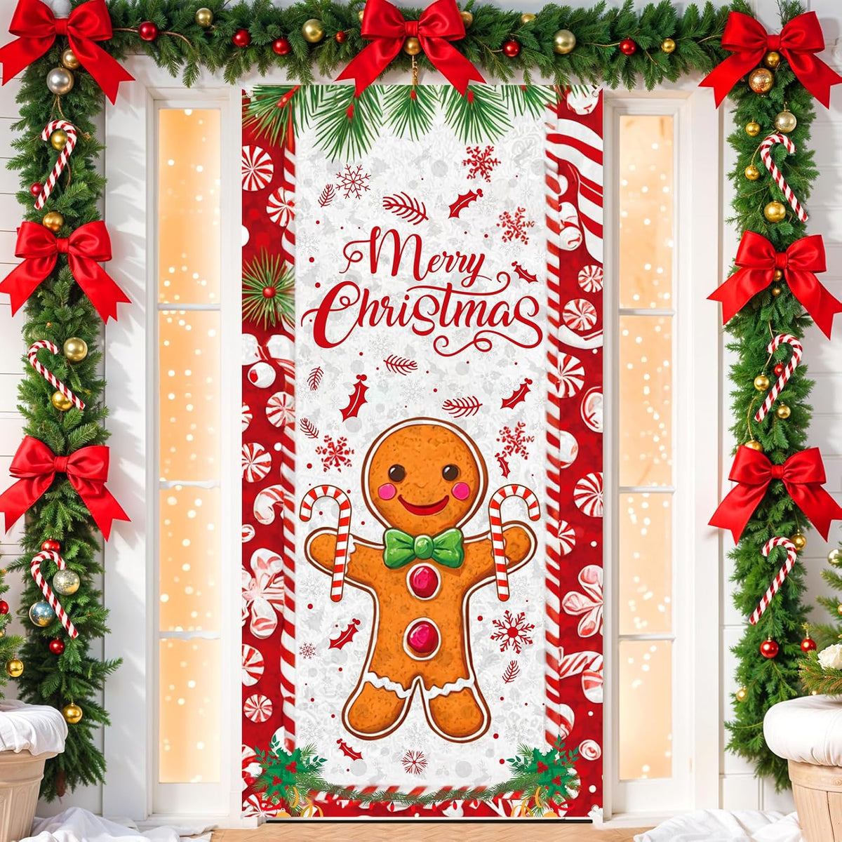 Merry Christmas Gingerbread Man Front Door Decorations Banner - Christmas Gingerbread House Peppermint Candy Cane Door Cover Banner For Xmas New Year Holiday Candy Party Supplies