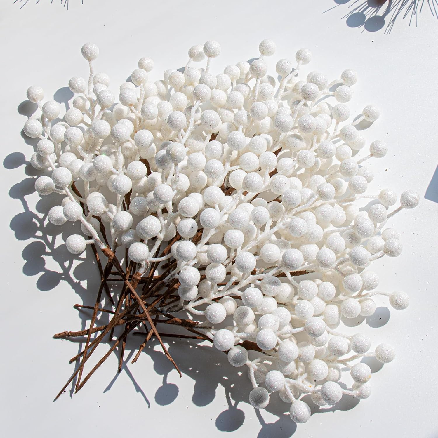 32 Pack Glitter Christmas Picks 6.5 Inch Christmas Berry Stems White Artificial Berry Stems For Holiday Xmas Tree Home Decorations
