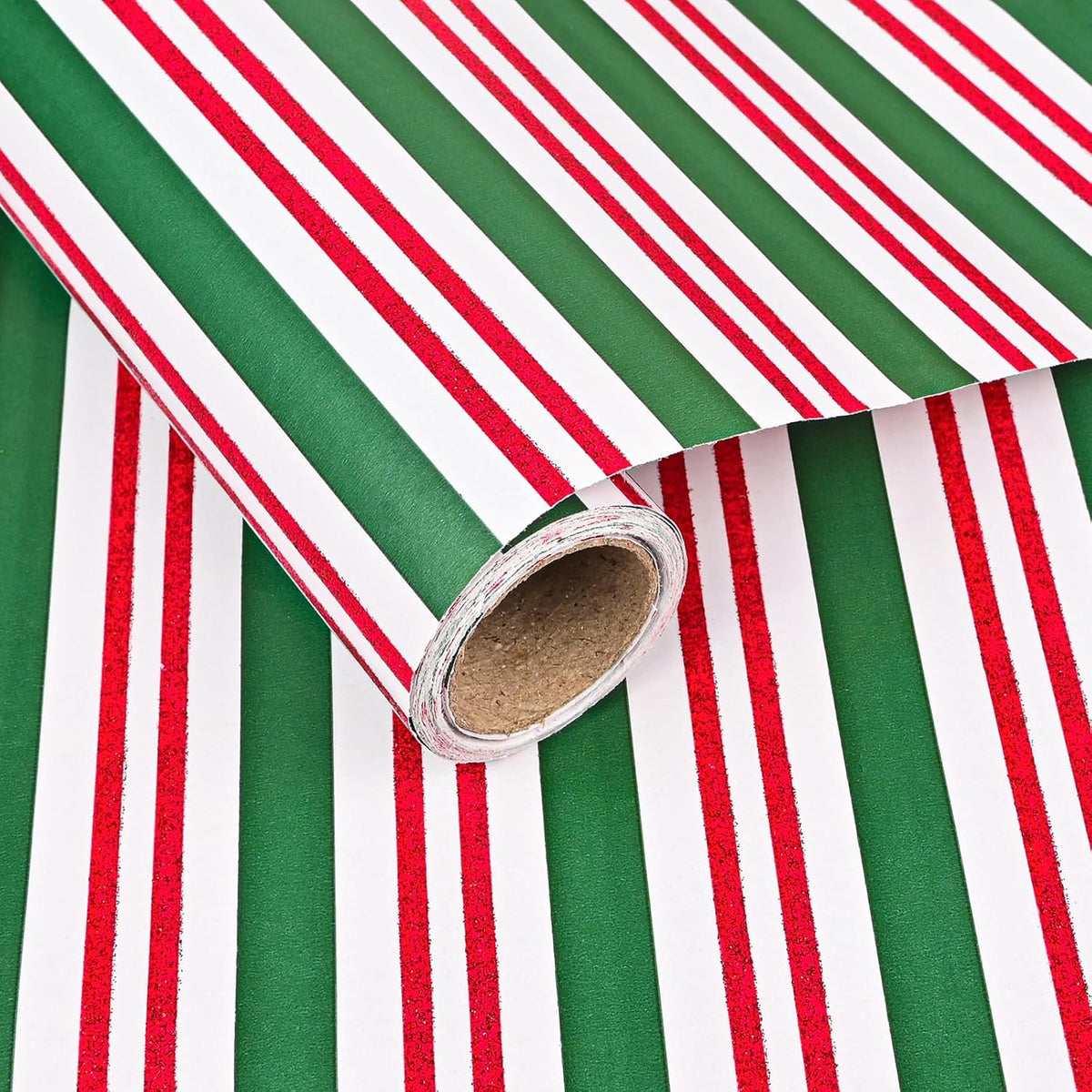 Glitter Christmas Wrapping Paper Roll - Red Green Christmas Stripe With Red Glitter Glimmer Powder Gift Wrap For Holiday Winter Parties - 17In X 16.5Ft