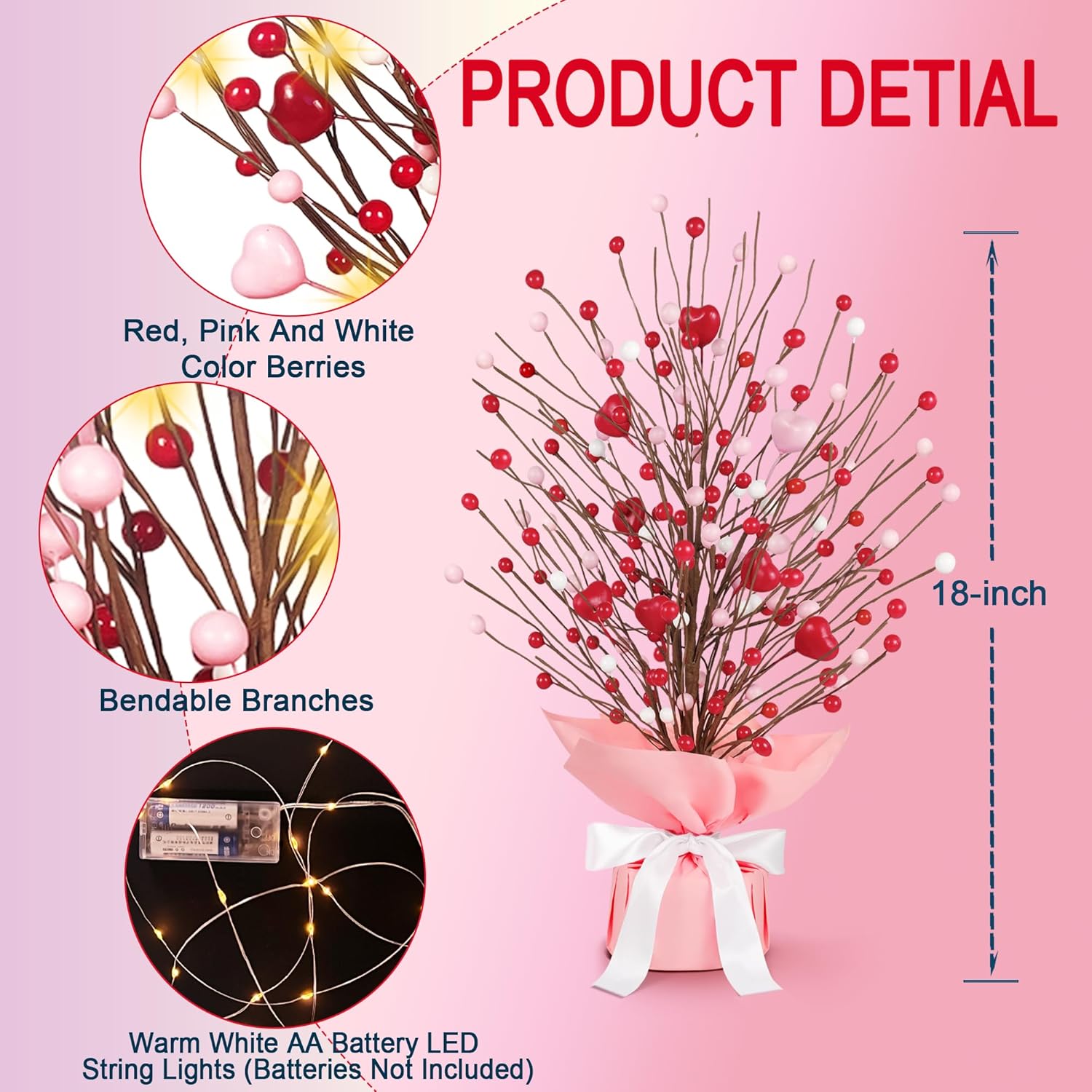 Heart-Shaped Artificial Berry Tree With Warm White Led Lights | Home Decor For Room, Mantel, Shelf & Tabletop Decoration | Indoor Fake Plant