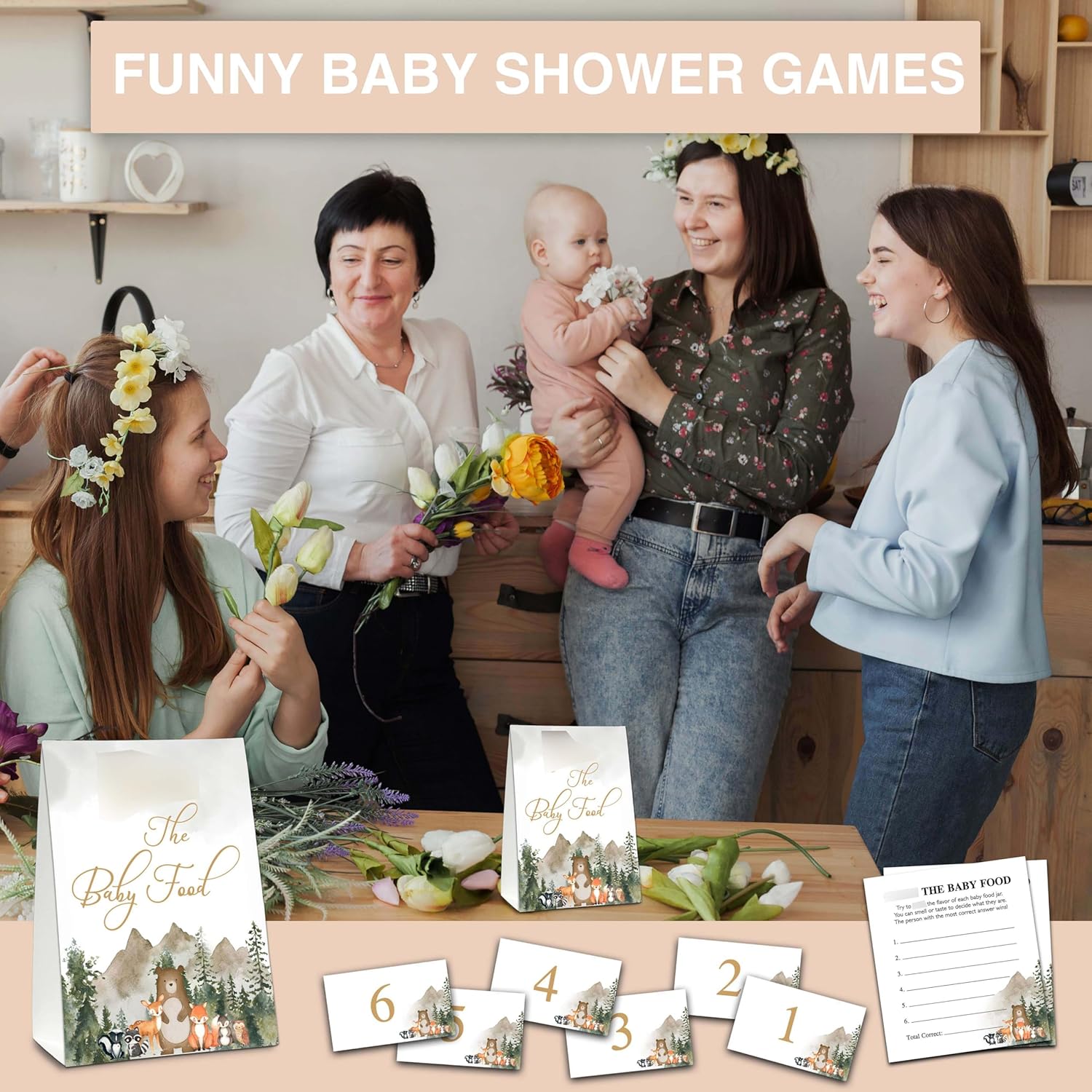 Find The Baby Food Party Games, Woodland Baby Shower Game Set (1 Standing Sign + 20 Answer Cards + 6 Number Cards), Safari Animals Name The Baby Food Game, Baby Shower Favors Decorations(02)