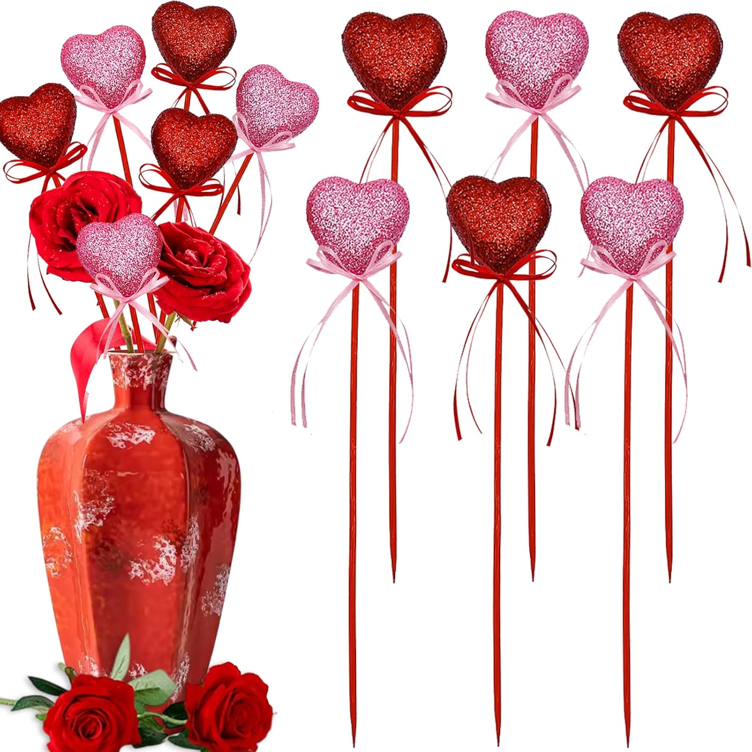 Valentine'S Day Glitter Foam Puffy Heart Picks Love Heart Shaped Artificial Berry Stems Floral Picks For Valentine'S Day Wedding Mother'S Day Birthday Flower Bouquet Vase Decor 6Pcs (Red Pink)