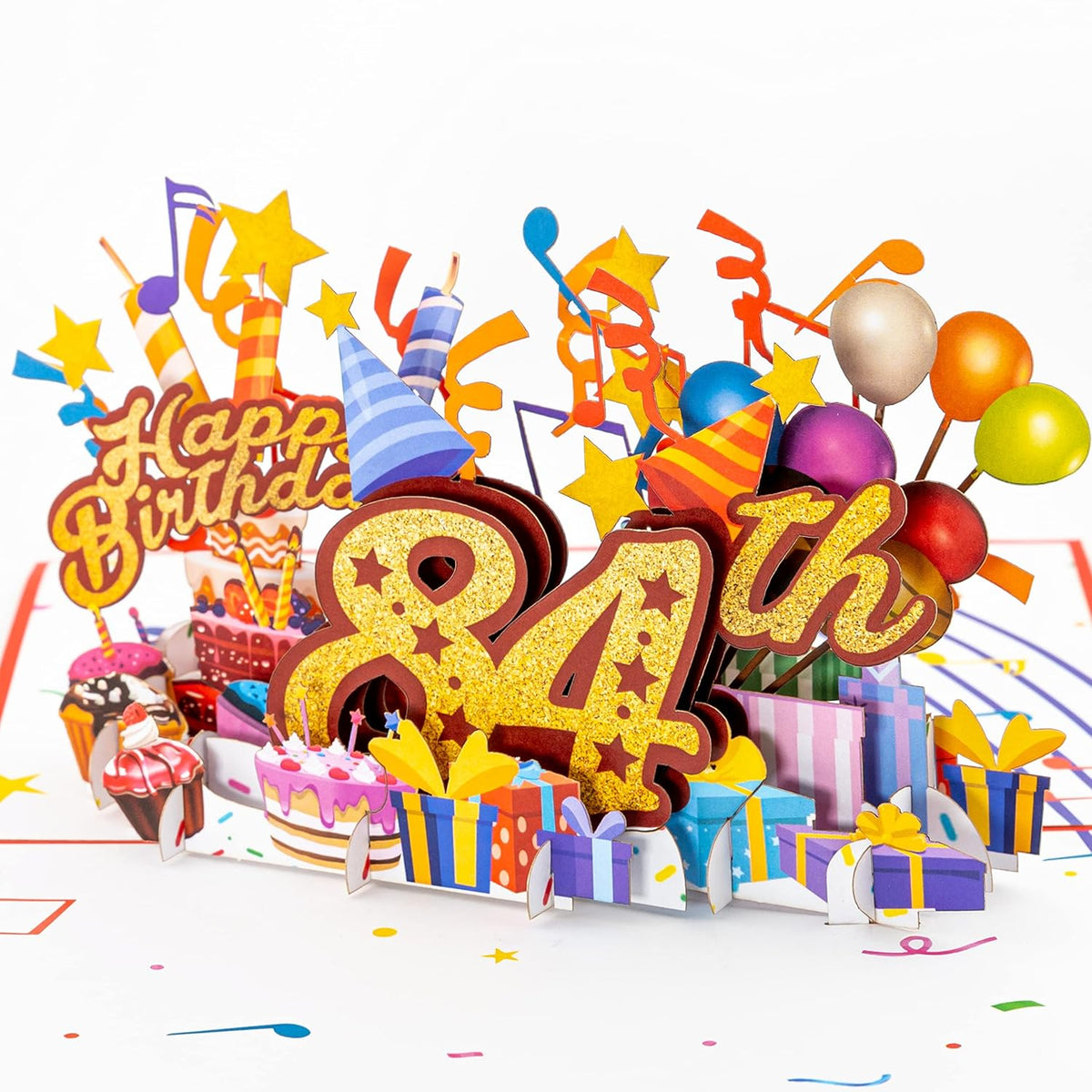 3D Pop Up Happy 84Th Birthday Card – Red Design With Glitter Numbers, Balloons, Cakes & Gifts – Unique Bday Card For Dad, Mom, Husband, Wife, Man Or Woman – 5" X 7"