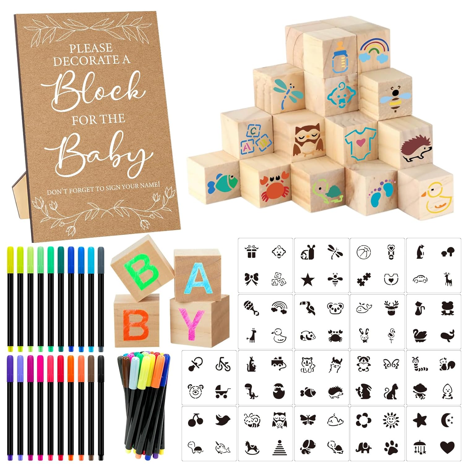 97 Pcs Baby Shower Game Sign Set Includes Decorative Square Signs 56 Diy Blank Wooden Blocks 20 Paint Markers (Kraft)