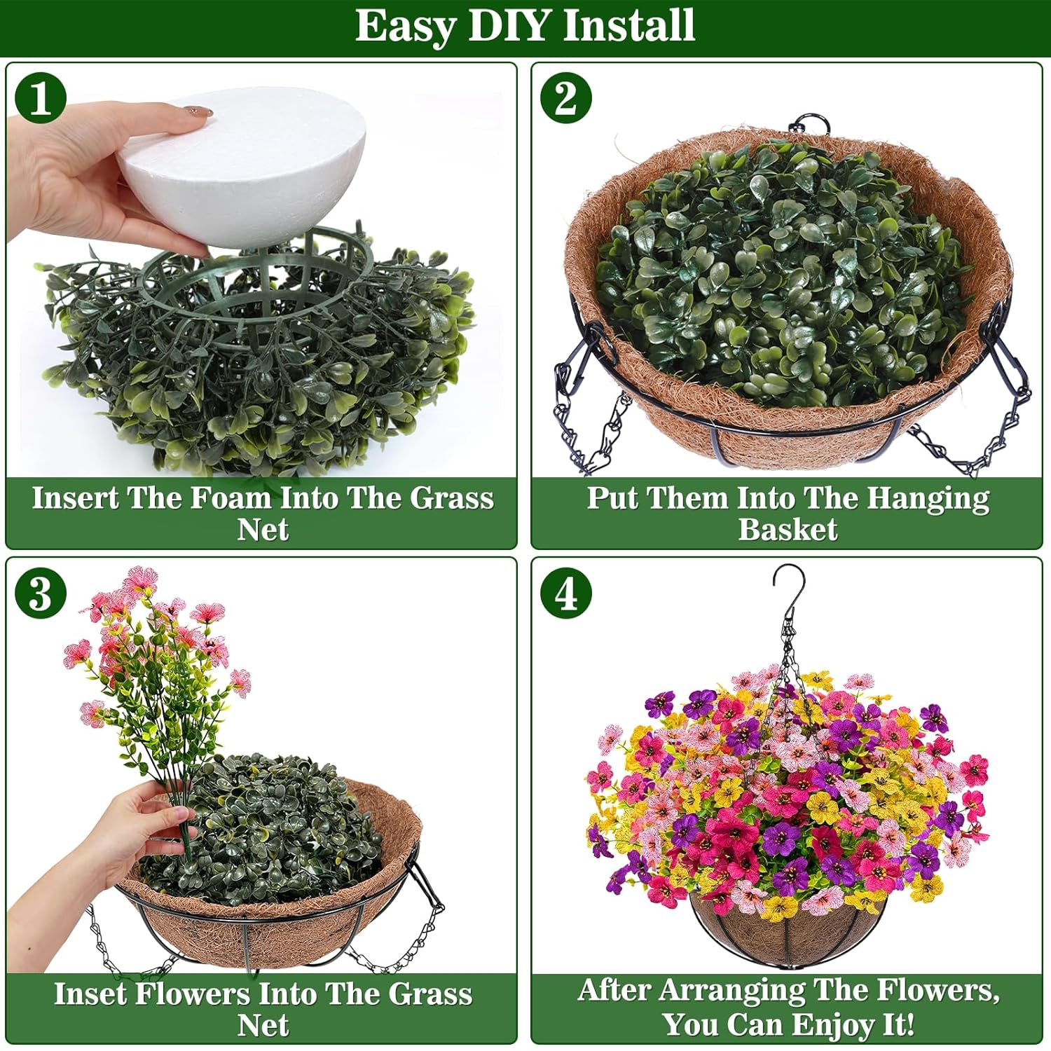 2 Sets Artificial Outdoor Flowers With Hanging Basket, Fake Hanging Plants Set Of 2 Includes 24 Pcs Flowers For Porch, Patio, Garden, Home Decor In Spring Summer (Red, Purple, Yellow, Rose Red)
