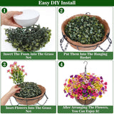 2 Sets Artificial Outdoor Flowers With Hanging Basket, Fake Hanging Plants Set Of 2 Includes 24 Pcs Flowers For Porch, Patio, Garden, Home Decor In Spring Summer (Red, Purple, Yellow, Rose Red)
