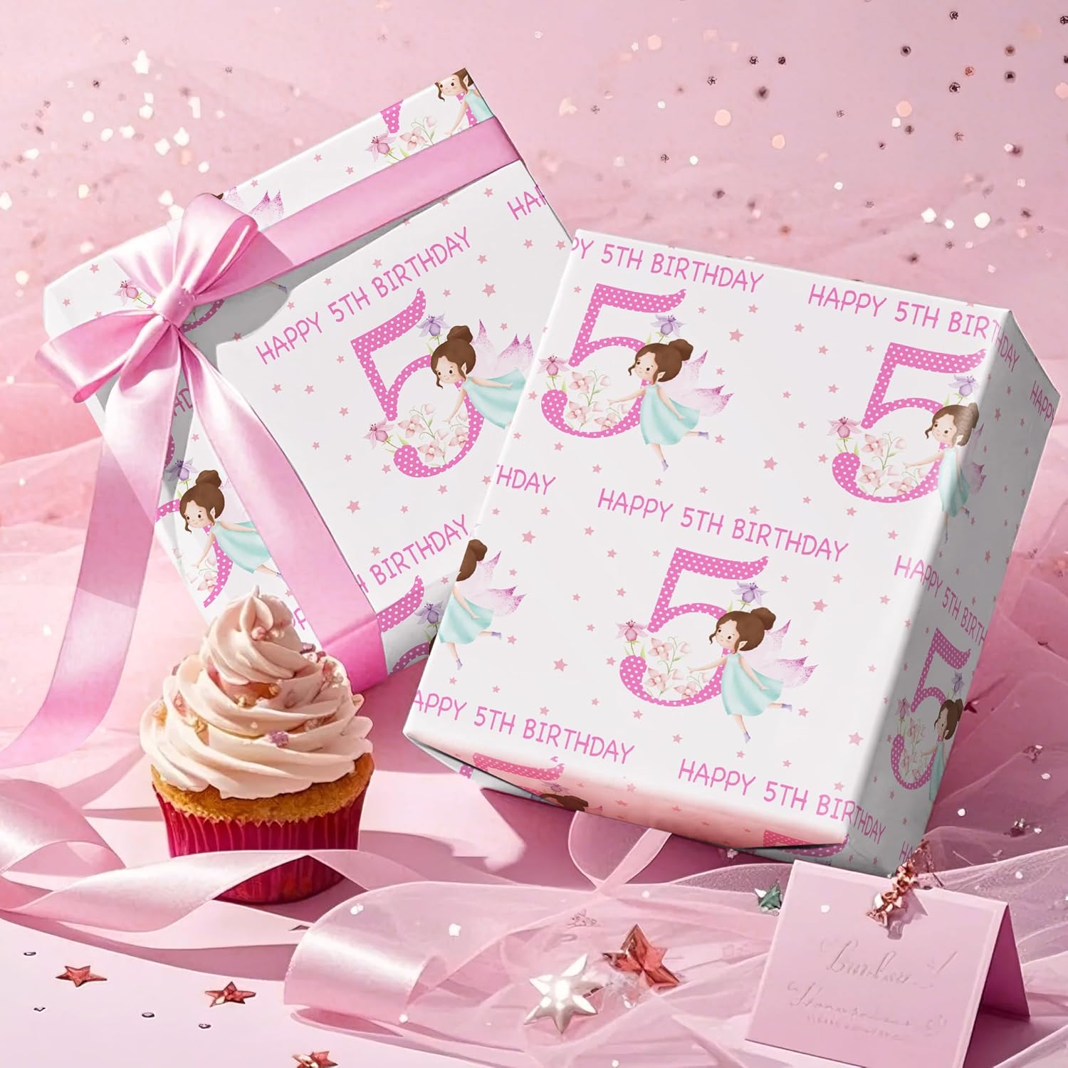 Girls 5Th Birthday Wrapping Paper Roll - Mini Roll - 17 Inch X 16.5 Feet - Girl Fairy Happy 5Th Birthday Wrapping Paper Perfect For Kids Girls, Baby Shower, Party