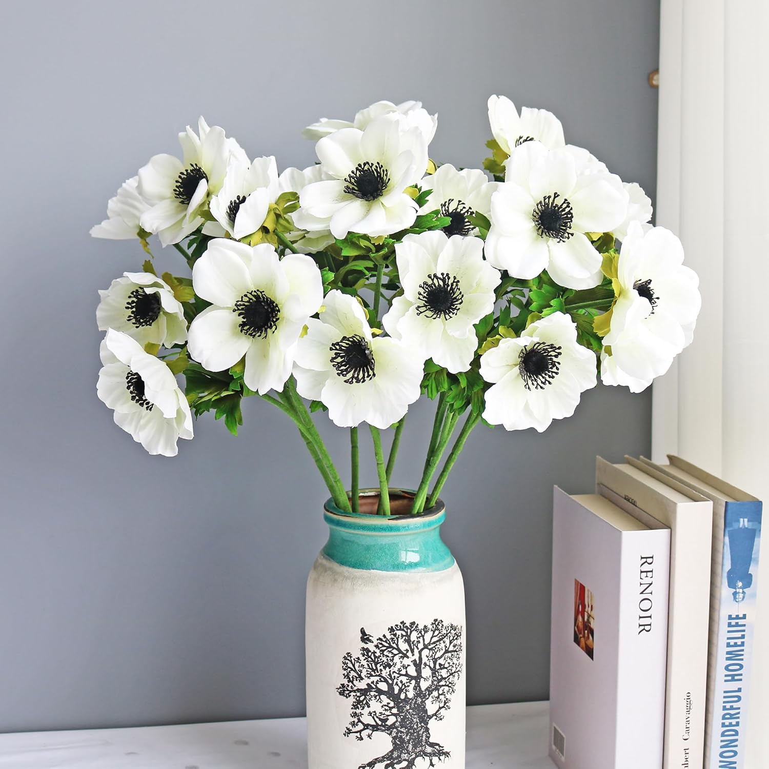 5Pcs Artificial Anemone Full Blooming Flower Bushes With Green Foliage For Mother'S Day Or Decoration For Home, Restaurant, Office & Wedding (White)
